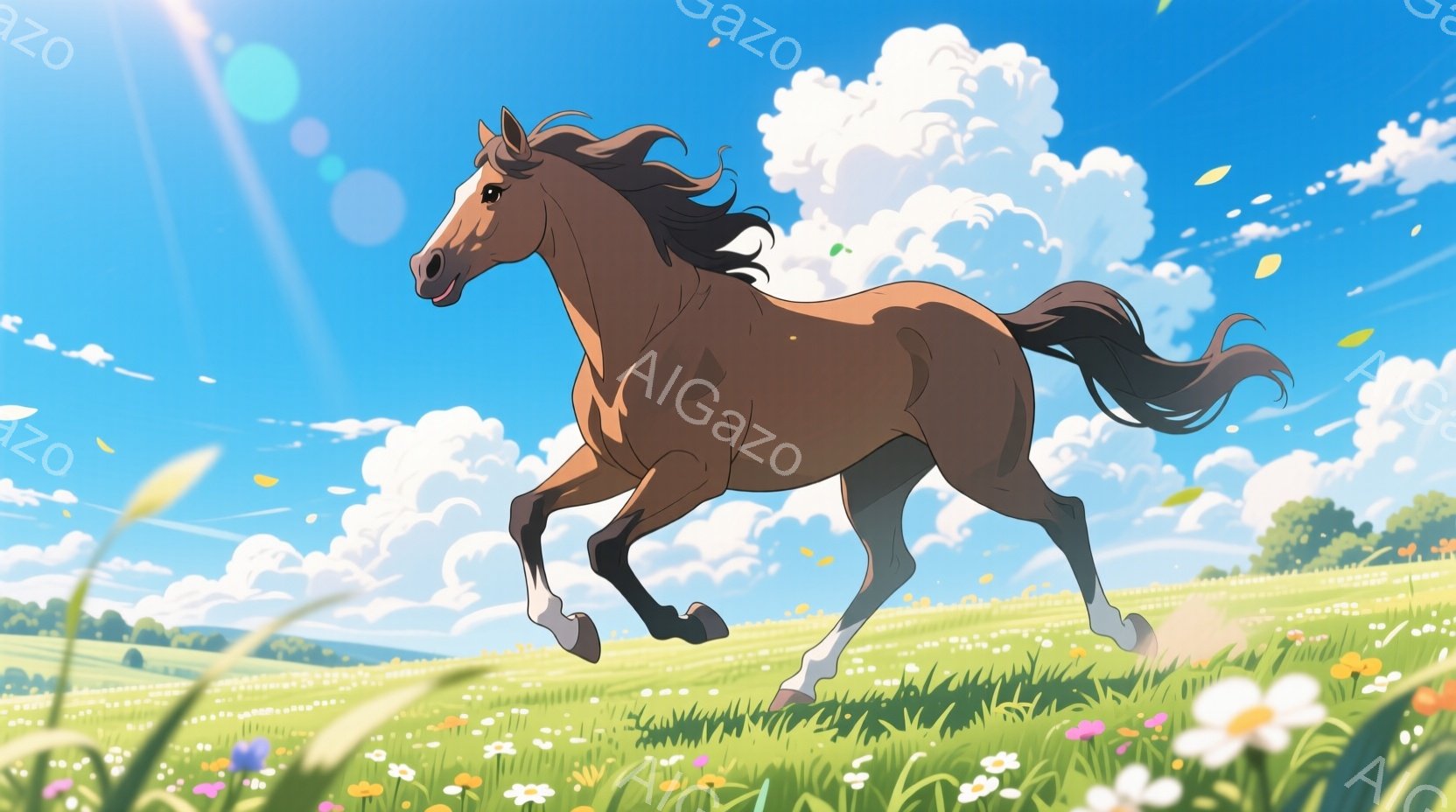 広大な緑の草原を、毛並みの美しい栗色の馬が疾走している。空は鮮やかな青色で、白い雲が浮かび、太陽の光が降り注ぎ、草原には色とりどりの花が咲き乱れている。馬は力強く前進しており、その姿は自由と活気に満ち溢れている。