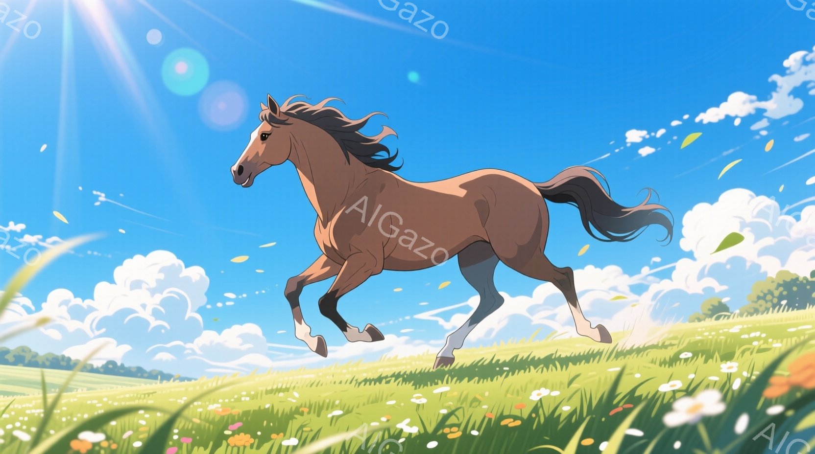 栗色の馬が緑豊かな草原を疾走している。空は晴れ、白い雲が浮かび、太陽の光が降り注いでいる様子が描かれている。草原には色とりどりの花が咲き乱れ、馬の躍動感と自然の美しさを強調している。 - AI生成フリー素材