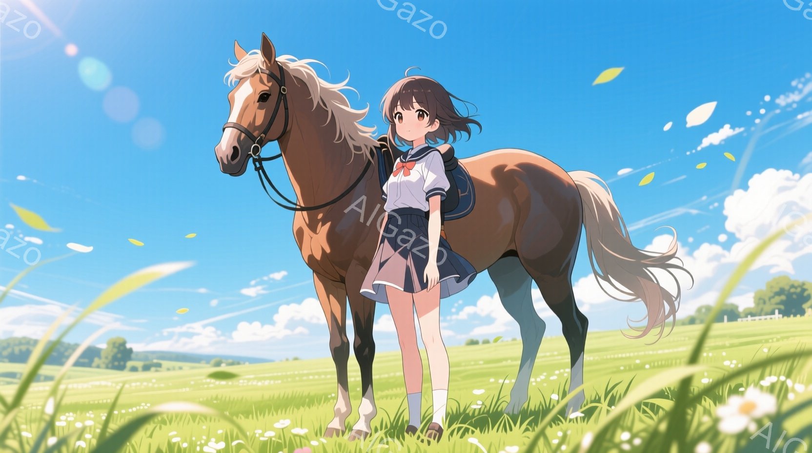 金髪の馬に乗った少女が、緑豊かな草原に立っている。彼女はセーラー服を着ており、茶色の髪を肩まで伸ばし、穏やかな笑顔を浮かべている。背景には青空が広がり、遠くに緑の丘と木々が見え、風が草原を吹き抜ける様 - AI生成フリー素材