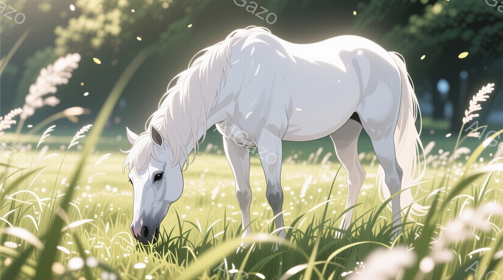 白い馬が緑豊かな草原で草を食んでいる様子が描かれている。背景には、ぼやけた緑の木々や植物が見え、太陽の光が差し込み、暖かく穏やかな雰囲気を醸し出している。馬は静かに食事をしており、その姿は平和で安らぎ - AI生成フリー素材