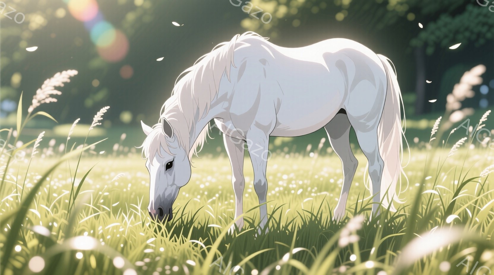白い馬が緑豊かな草地で草を食べている様子が描かれています。太陽の光が差し込み、草地には白い花が点在し、背景にはぼやけた緑の木々が見えます。 全体的に穏やかで平和な、暖かい夏の日の雰囲気が漂っています。 - AI生成フリー素材