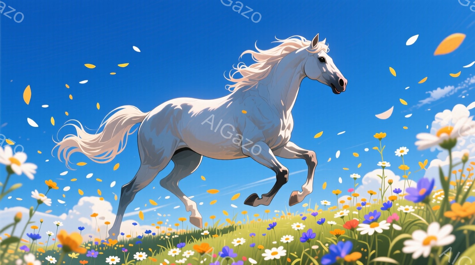 白い馬が、花畑の中を力強く駆け抜けている様子が描かれている。空は晴れ、雲が浮かび、背景には緑の丘が広がり、鮮やかな黄色や紫の花々が咲き乱れている。馬のたてがみと尾は風になびき、躍動感と自由な雰囲気を醸し出している。