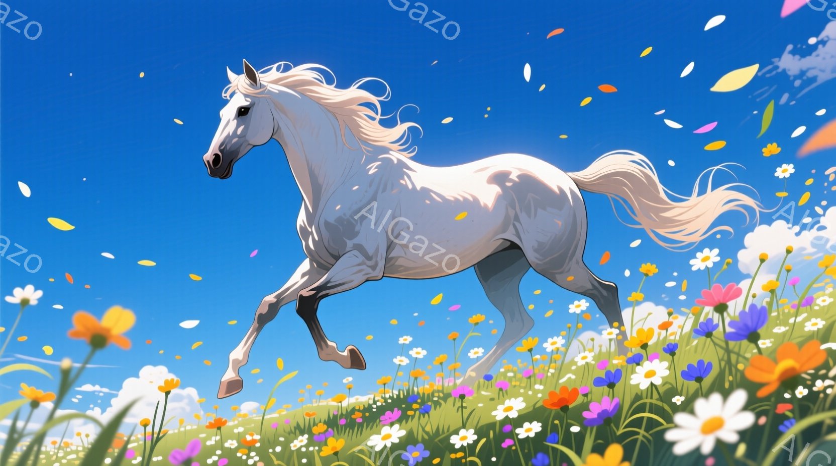 白い馬が緑豊かな花畑を駆け抜けている様子が描かれている。空は晴れ渡り、白い雲が浮かび、周囲には様々な色の花が咲き乱れ、生き生きとした雰囲気を醸し出している。馬のたてがみと尾は風になびき、躍動感あふれる - AI生成フリー素材