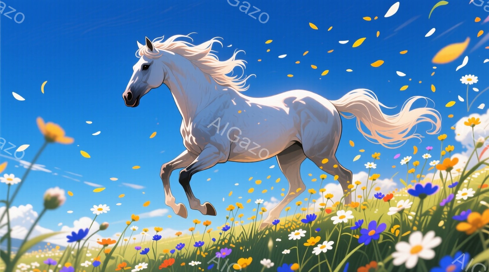 白い馬が鮮やかな花畑を疾走している姿が描かれている。馬のたてがみと尾は風になびき、力強く大地を蹴り上げている。背景には青空と穏やかな丘が広がり、明るく希望に満ちた雰囲気を醸し出している。 - AI生成フリー素材