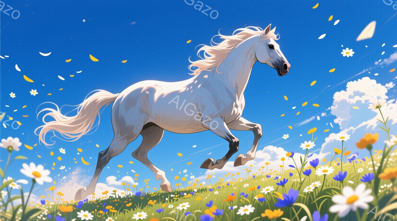 白い馬が、鮮やかな野原を駆け抜けている。馬のたてがみと尾は風になびき、躍動感に満ち溢れている。青い空と白い雲、そして色とりどりの花々が、開放的で明るい雰囲気を醸し出している。