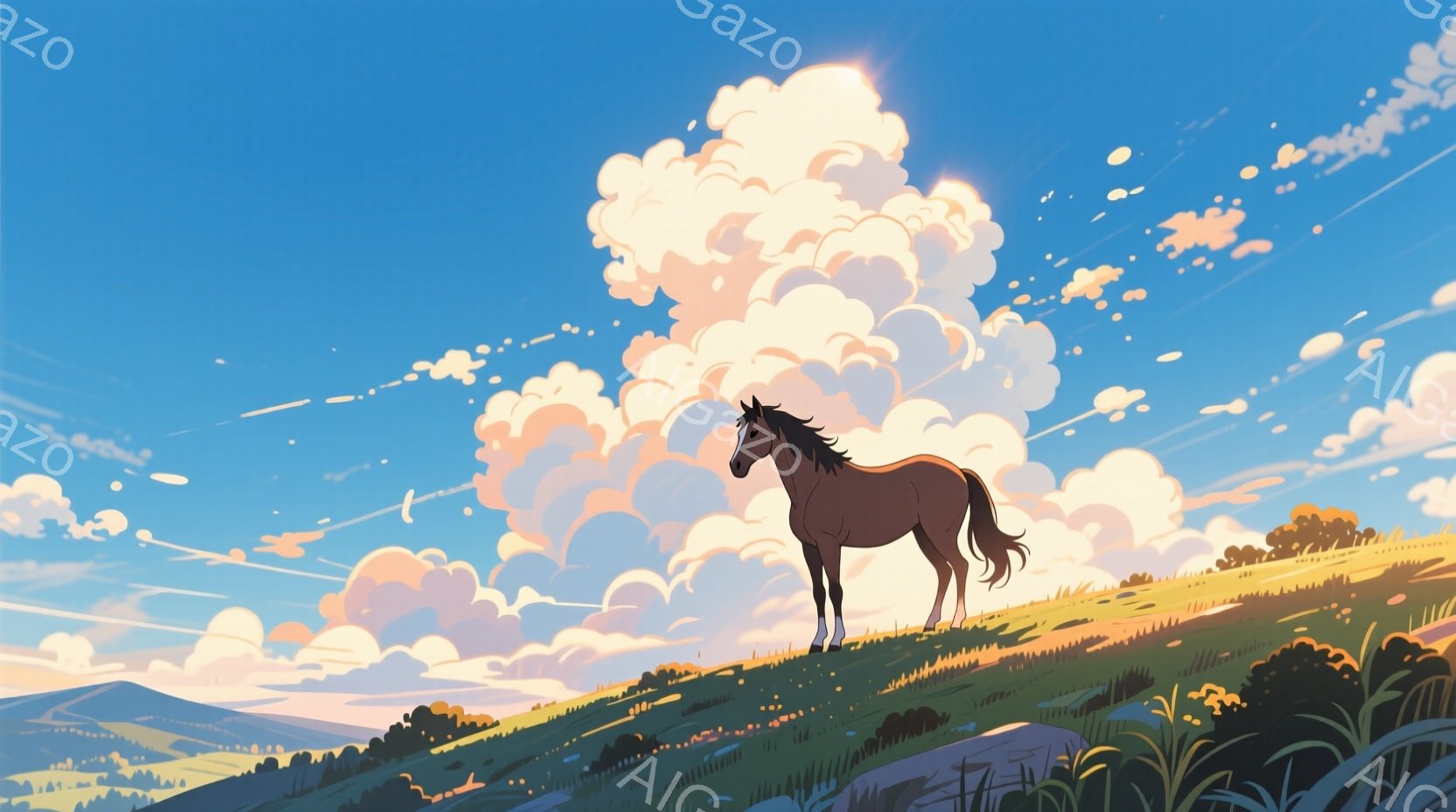 栗色の馬が緑の丘の上に堂々と立っている。背景には、霞んだ山々と、ふわふわとしたピンクと白の雲が広がり、穏やかな晴天の空が広がっている。全体的に、穏やかで牧歌的な雰囲気が漂い、自然の美しさを強調している。