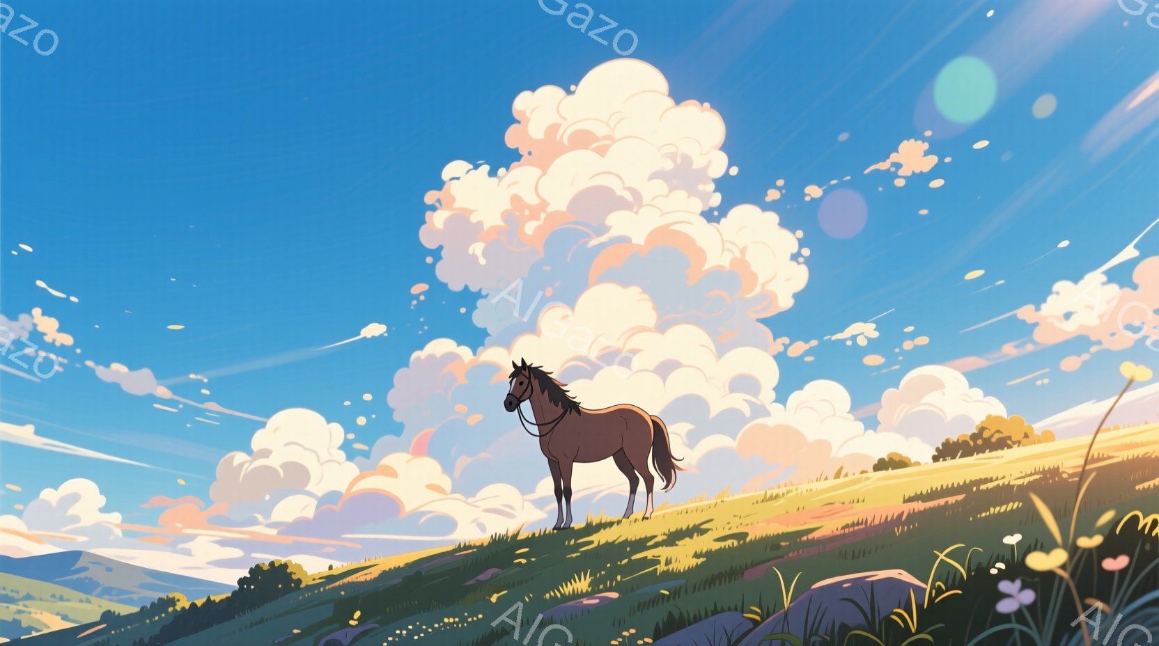 広大な緑の丘に茶色の馬が立っている。空にはふわふわとした白い雲が広がり、夕焼けのようなオレンジ色の光が差し込んでいる。全体的に穏やかで牧歌的な雰囲気が漂い、のどかな風景が印象的だ。