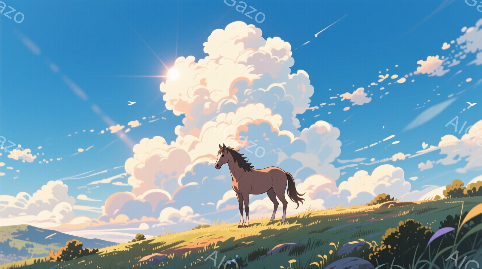 広大な緑の丘の上に、栗色の馬が静かに立っている。空には、白くふっくらとした雲が広がり、太陽の光が降り注いでいる。全体的に、穏やかで牧歌的な雰囲気で、自然の美しさが際立っている。 - AI生成フリー素材