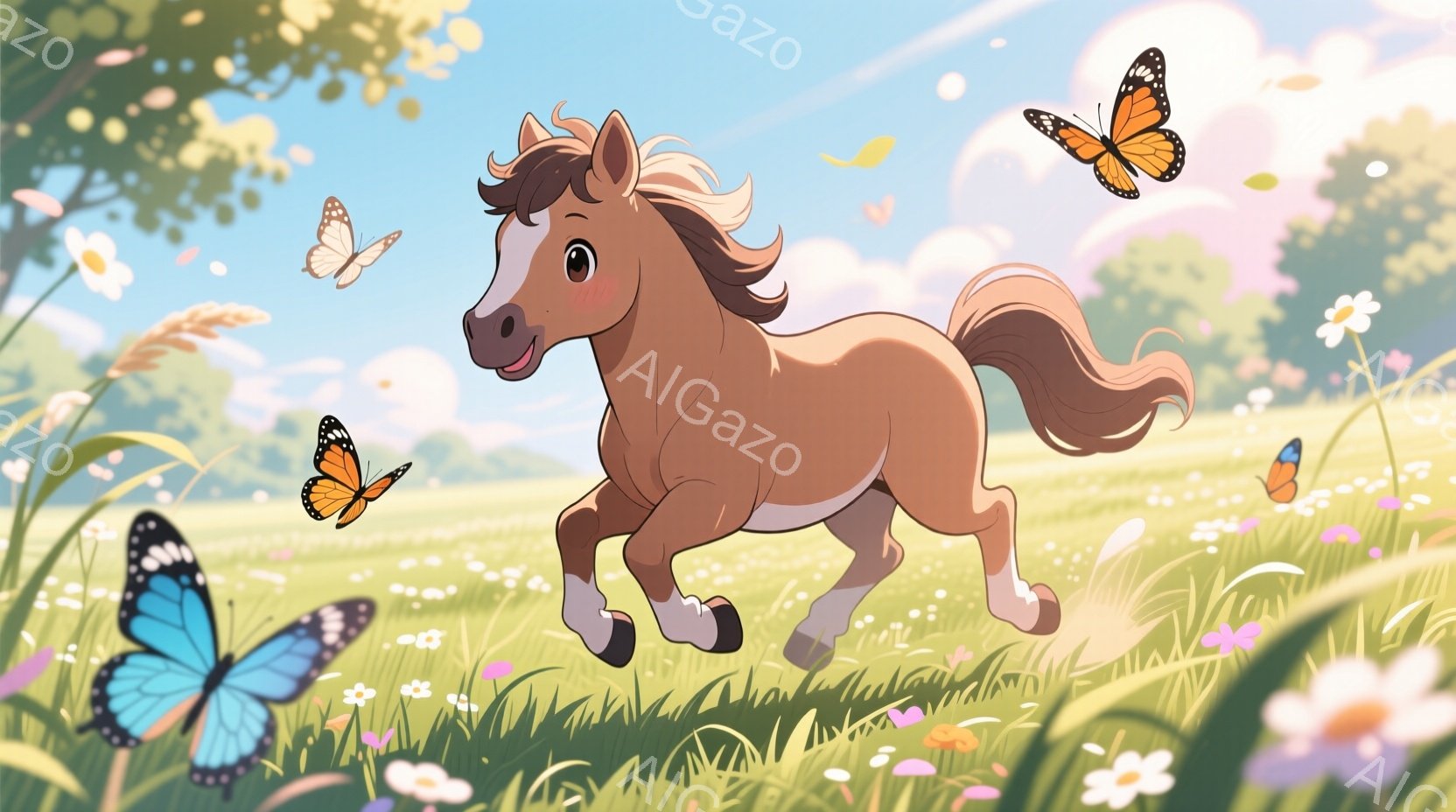 広々とした草原を栗色の馬が駆け抜けている。周囲には色とりどりの花が咲き乱れ、空には蝶が舞っている。背景には緑豊かな木々が見え、全体的に明るく穏やかな雰囲気が漂っている。
