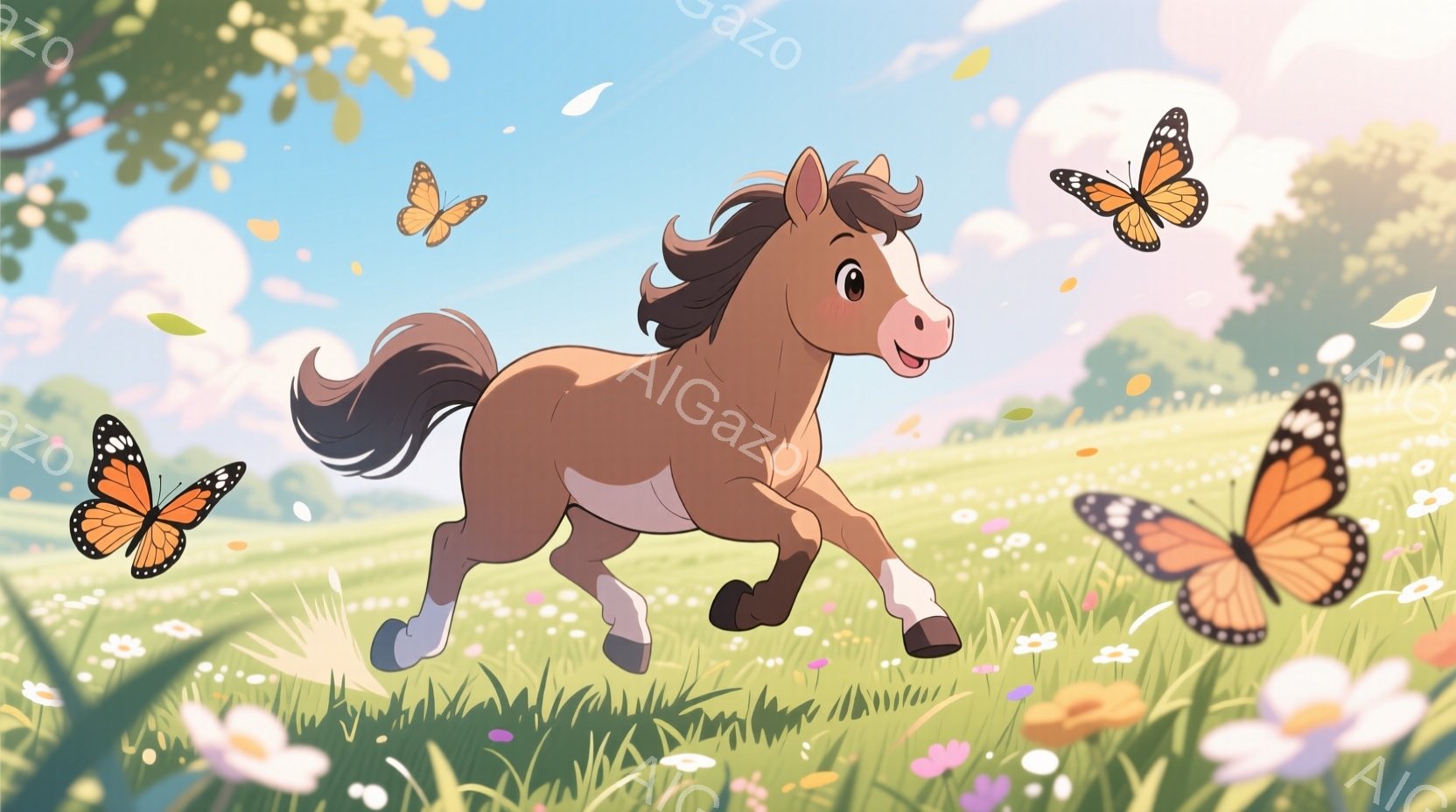 明るい緑の草原を茶色の馬が走り、周囲にはオレンジと黒の蝶が舞っている。馬は嬉しそうな表情で、たてがみと尾が風になびき、周囲には白いデイジーや黄色い花々が咲き乱れている。背景にはぼんやりとした木々が見え、晴れた空と優しい日差しが、このシーンに幸福感と活力を与えている。
