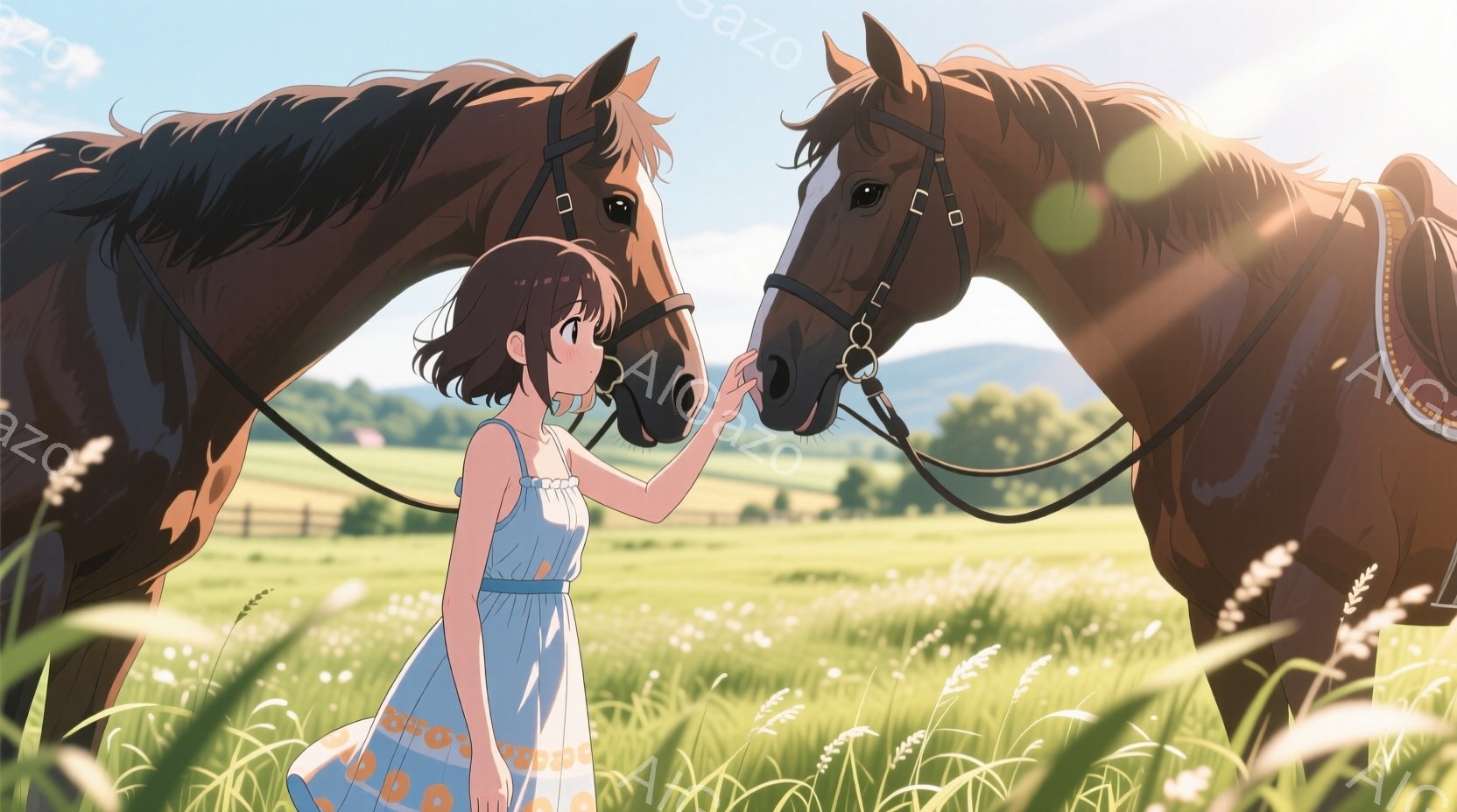 青い花柄のワンピースを着た少女が、茶色の馬の鼻先に手を伸ばし、優しく撫でています。少女は短髪で、穏やかな表情を浮かべており、馬もまたリラックスした様子で少女に顔を近づけています。背景には緑豊かな草原と - AI生成フリー素材