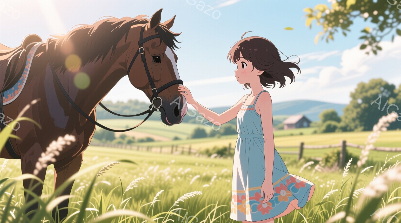 少女は水色の花柄のワンピースを着て、茶色の馬の鼻にそっと触れています。彼女は肩まである茶色の髪を揺らし、穏やかな笑顔を浮かべています。背景には緑豊かな草原、遠くの山々、そして小さな家が見え、晴れた空か - AI生成フリー素材
