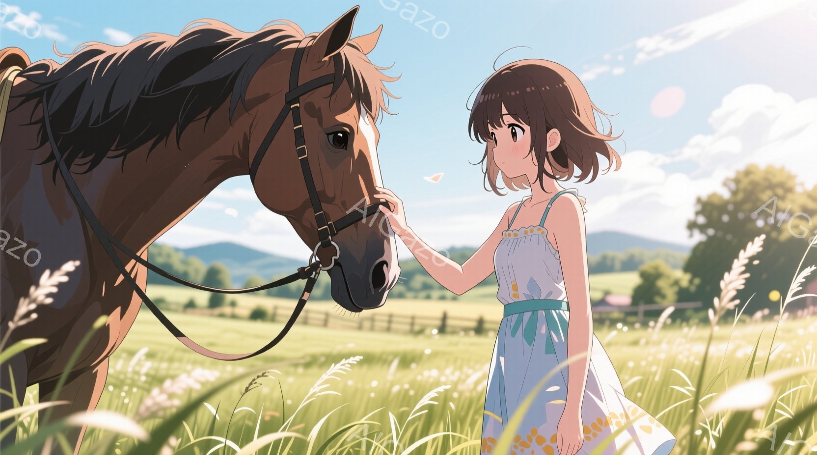 短い茶色の髪を揺らし、水色のワンピースを着た少女が、茶色の馬の鼻先に手を伸ばしている。緑豊かな草原の中で、馬は穏やかに立っており、遠くには牧草地と木々が見える晴れた日の風景だ。 全体的に、穏やかで平和 - AI生成フリー素材