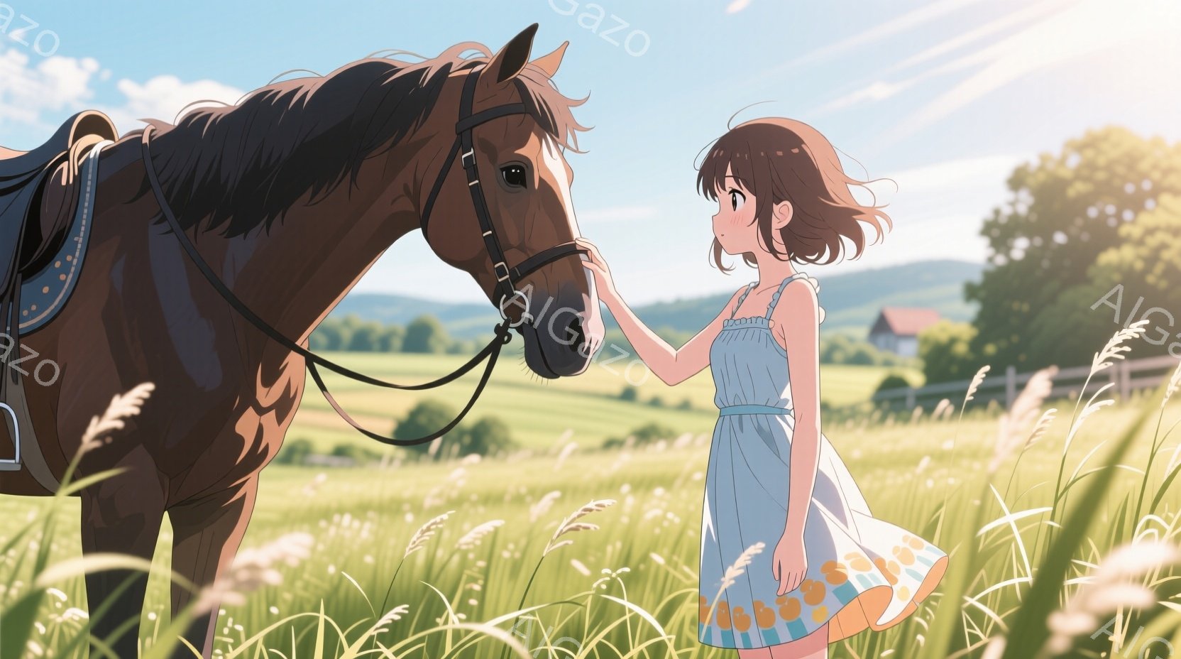金色の草原の中で、少女が茶色の馬の鼻先に手を伸ばしている。少女は肩出しの淡い水色のワンピースを着ており、オレンジ色の花柄がアクセントになっている。背景には緑豊かな丘陵地帯と家屋が見え、空は晴れ渡り、穏 - AI生成フリー素材