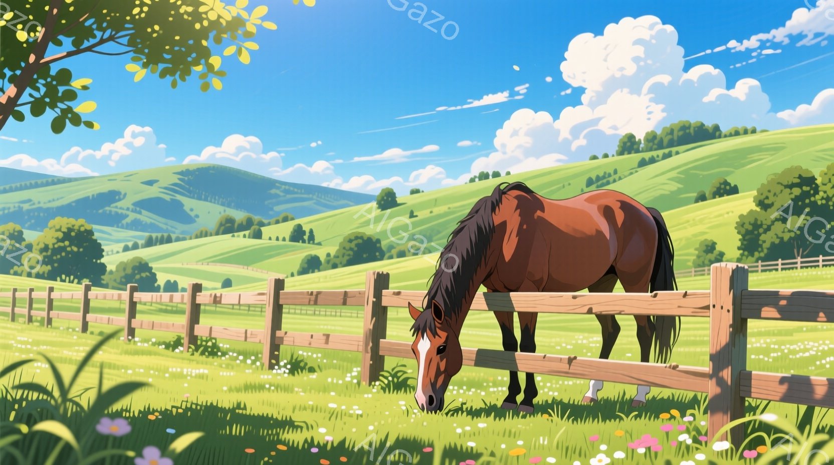 広大な緑の牧草地で、茶色の馬が木製の柵のそばで草を食んでいます。背景には、穏やかな丘陵地帯が広がり、青い空には白い雲が浮かんでいます。全体的に、穏やかで平和な田園風景が広がっており、自然の美しさを感じさせます。