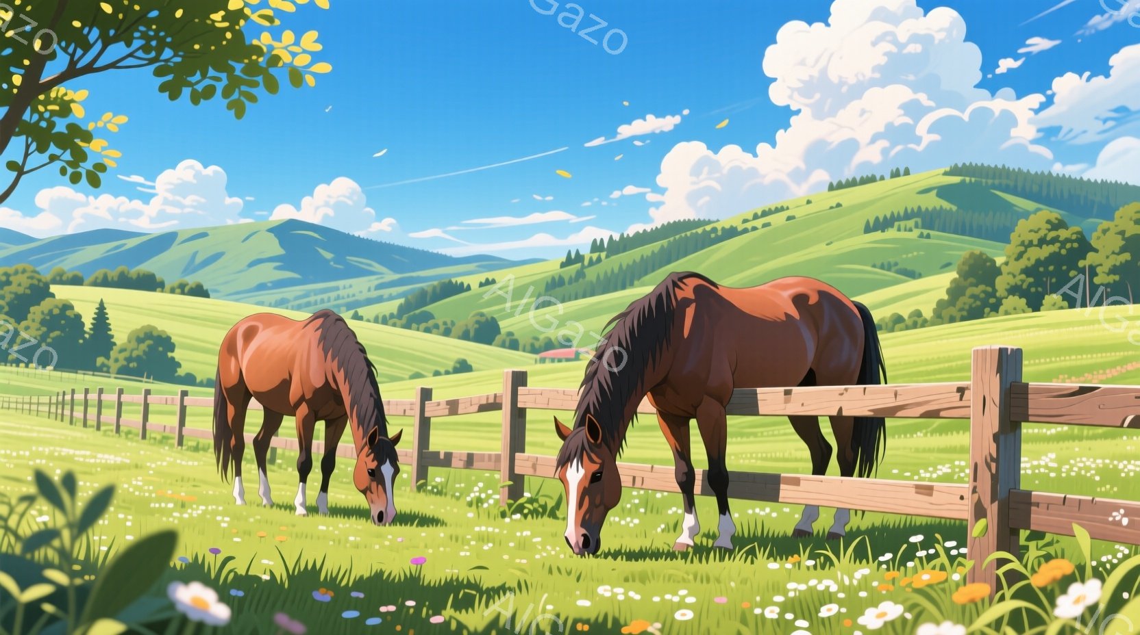 緑豊かな草原で二頭の茶色の馬が草を食べている。背景には、なだらかな丘陵地帯と遠くに見える山々が広がり、青空と白い雲が広がっている。全体的に穏やかで平和な田園風景であり、牧歌的な雰囲気が漂っている。 - AI生成フリー素材