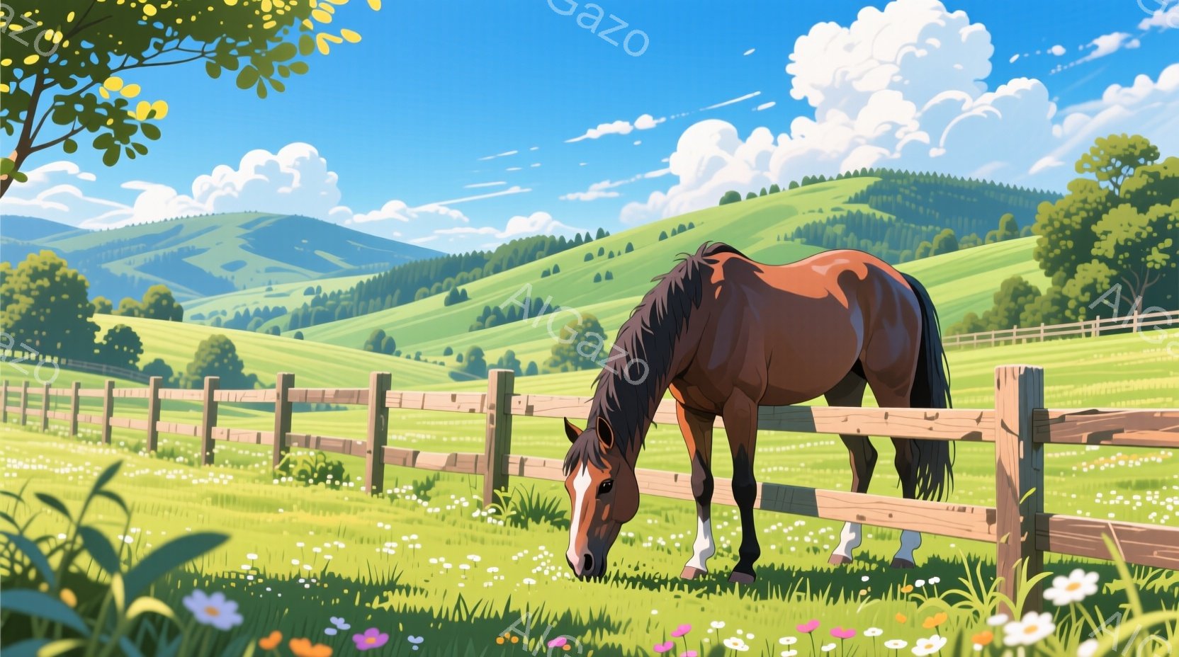 広々とした緑の牧草地で、茶色の馬が草を食べている。背景には木製の柵と、穏やかな丘陵地帯が広がり、青い空と白い雲が広がり、穏やかで平和な雰囲気を醸し出している。牧草地には白い小さな花が点在し、自然の美しさを引き立てている。