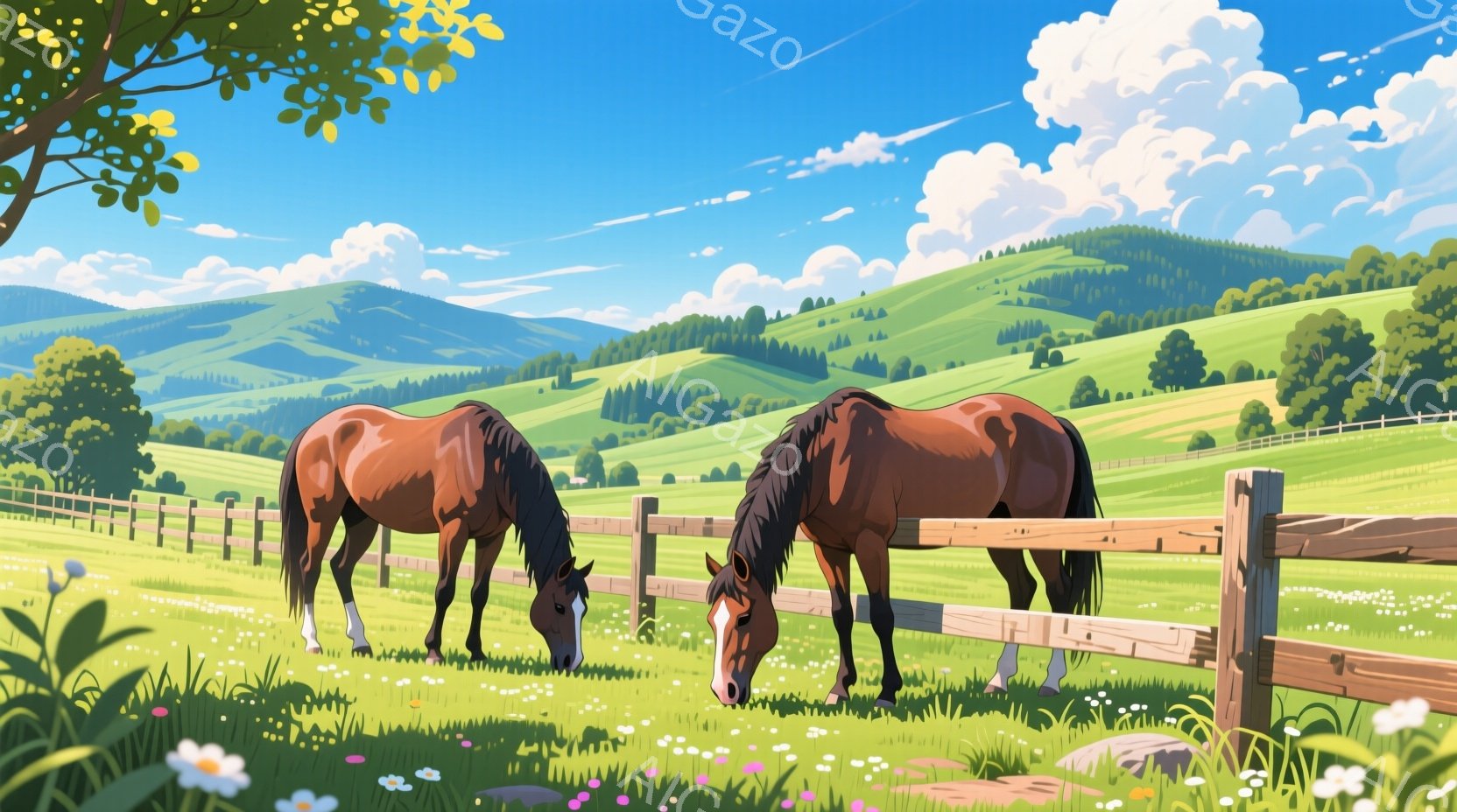 広大な緑の牧場に二頭の栗毛の馬が草を食んでいます。背景には穏やかな丘陵地帯が広がり、青空と白い雲が広がっています。全体的に平和で穏やかな田園風景が描かれており、木漏れ日が差し込む暖かな雰囲気が感じられます。