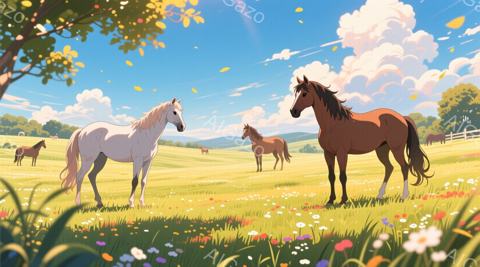 広大な緑の牧草地で、白と栗色の馬が数頭、リラックスして立っています。背景には、なだらかな丘陵地帯と、遠くに見える木々やフェンスがあり、晴れた空と白い雲が広がっています。牧草地には様々な色の野花が咲き乱 - AI生成フリー素材