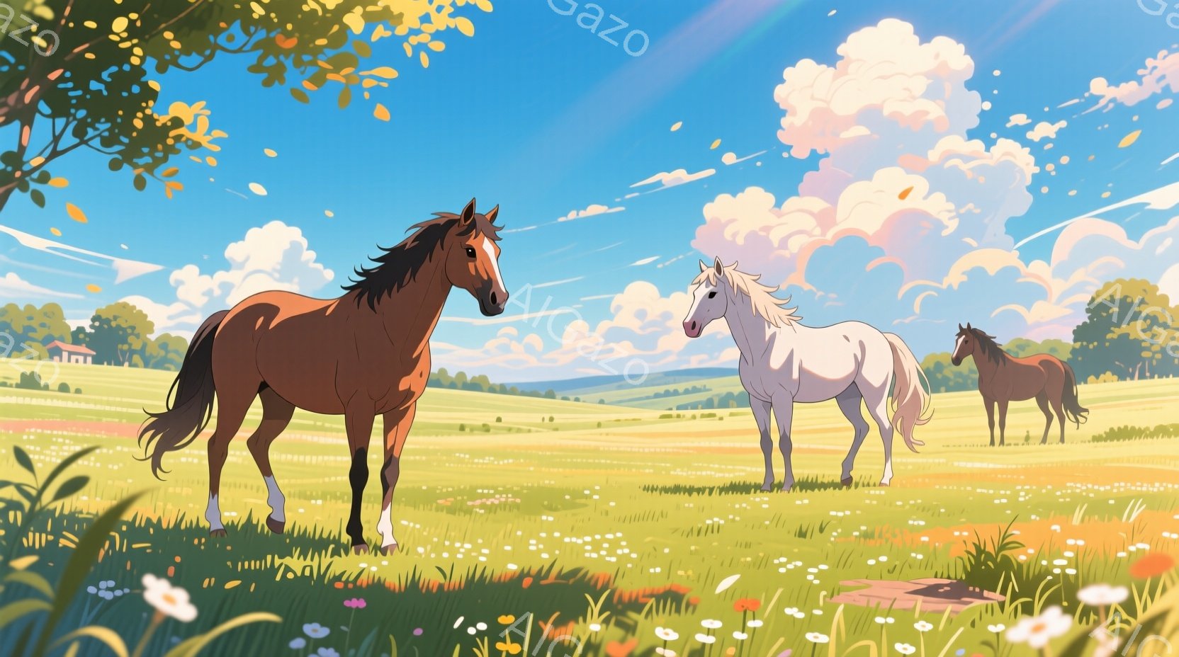 広大な緑の牧草地には、栗毛、白、茶色の3頭の馬が立っている。空は青く、白い雲が広がり、太陽の光が牧草地を照らし、暖かい雰囲気を作り出している。遠景には、小さな家屋が見え、草花が咲き乱れる風景は、平和で穏やかな印象を与える。