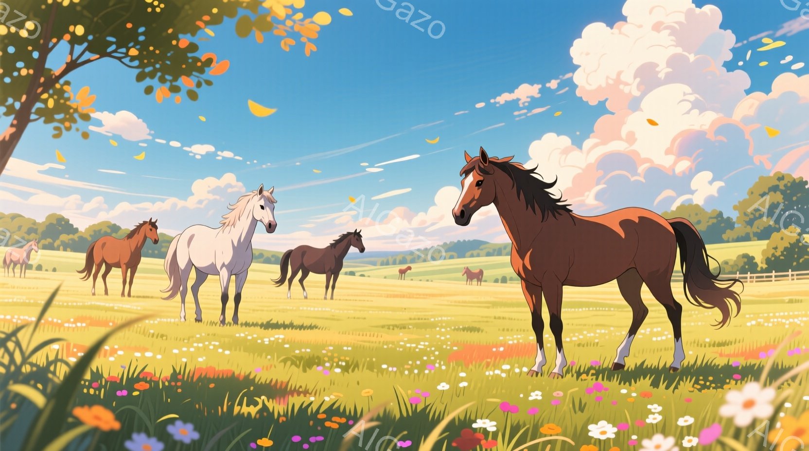 広大な緑の牧草地で、様々な毛色の馬たちが自由に歩き回っている。空は青く、白い雲が浮かび、太陽の光が降り注ぎ、牧草地には色とりどりの花々が咲き乱れ、穏やかで平和な雰囲気を醸し出している。遠くには起伏のあ - AI生成フリー素材