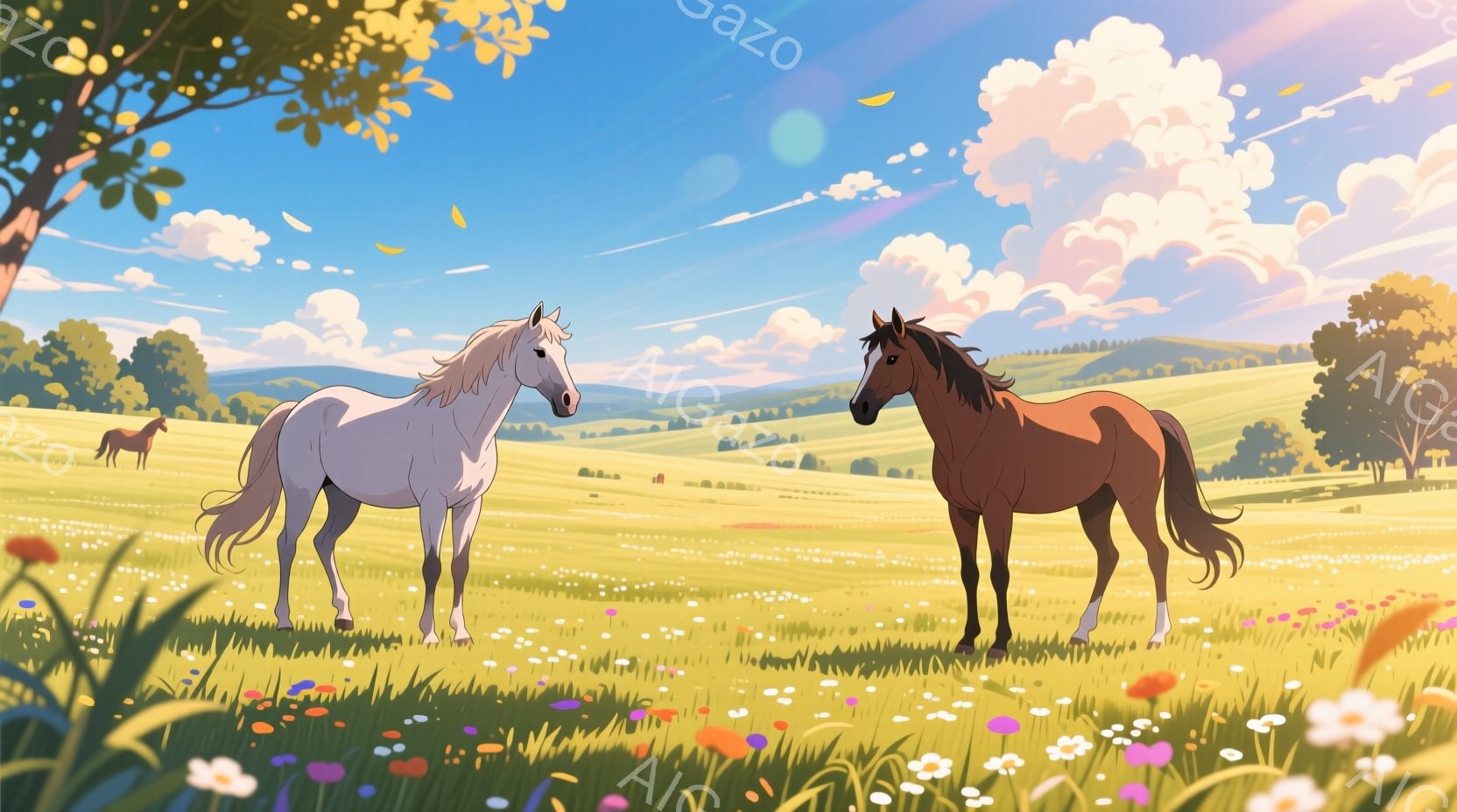 広大な緑の牧場に、白と栗色の二頭の馬が並んで立っている。背景には遠くの丘陵地帯と、白い雲が浮かぶ青空が広がっており、野原には色とりどりの花が咲き乱れている。全体的に穏やかで平和な雰囲気で、明るい日差しが牧場を照らしている。