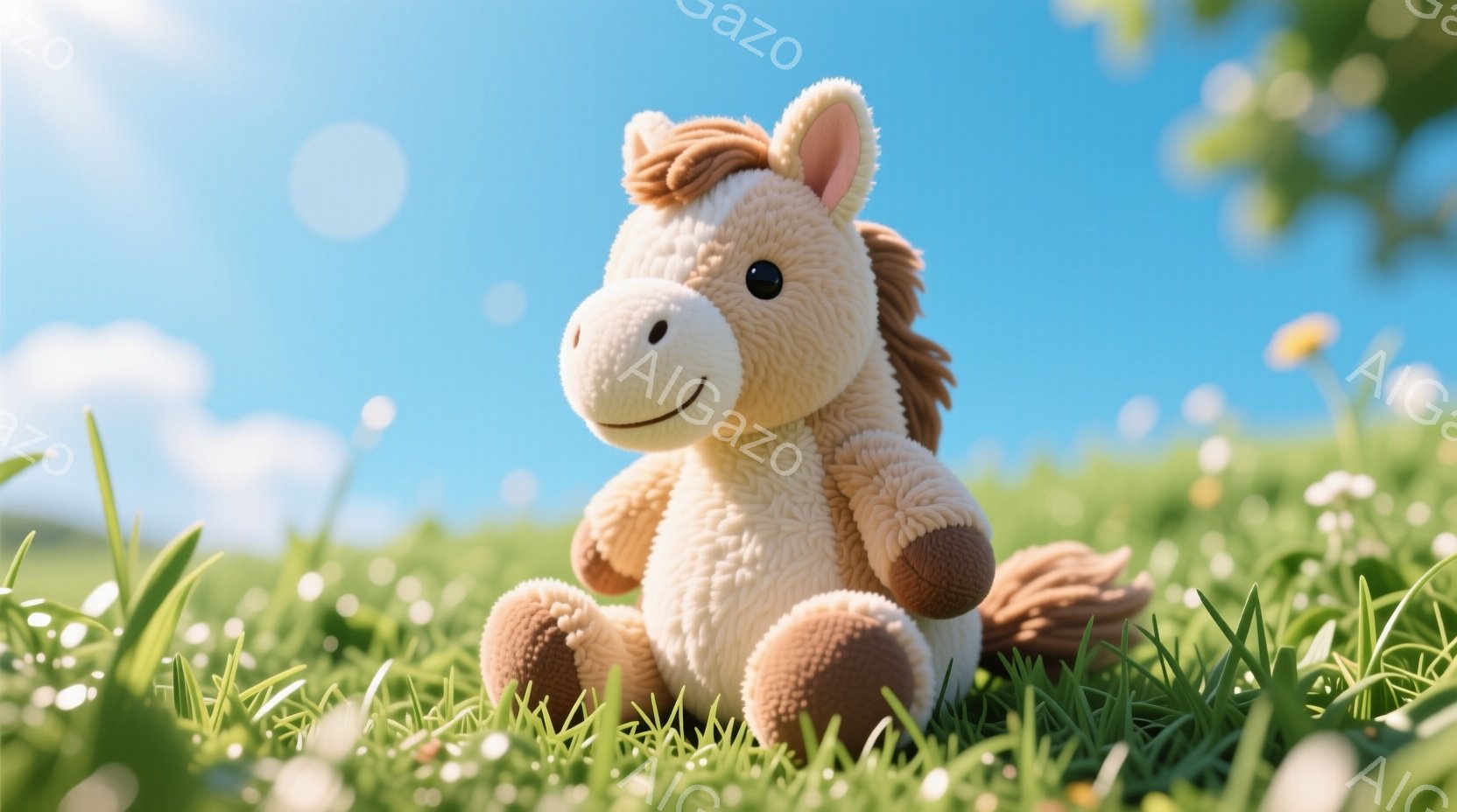 ふわふわのクリーム色の馬のぬいぐるみは、緑豊かな草の上に座っています。穏やかな表情で、少し微笑んでいるように見え、背景には青空と白い雲が広がり、暖かく優しい雰囲気を醸し出しています。白い花が点在する草原は、ぬいぐるみとの調和を生み出し、平和な春の日のような印象を与えます。