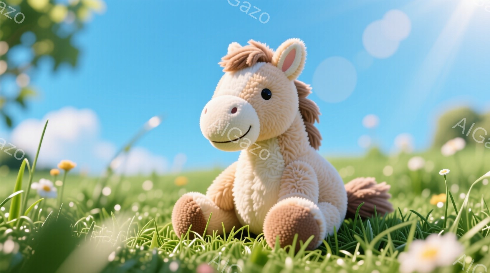 柔らかいクリーム色のテディベアの馬が、緑豊かな草地に座っています。背景には、鮮やかな青空と白い雲が広がり、太陽の光が差し込んでいます。全体的に、穏やかで牧歌的な雰囲気が漂い、春の暖かな一日を思わせます - AI生成フリー素材