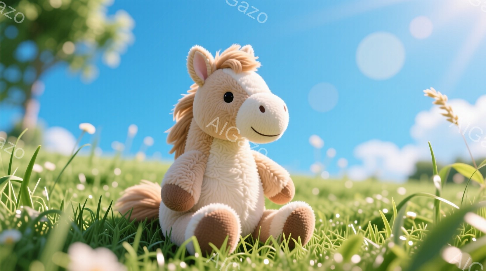 ふわふわのクリーム色のぬいぐるみ馬が、緑豊かな草の上に座っています。その馬は明るい茶色のたてがみと尻尾を持ち、穏やかな笑顔を浮かべています。背景には青空が広がり、白く小さな花々や緑の植物が咲き乱れ、暖 - AI生成フリー素材