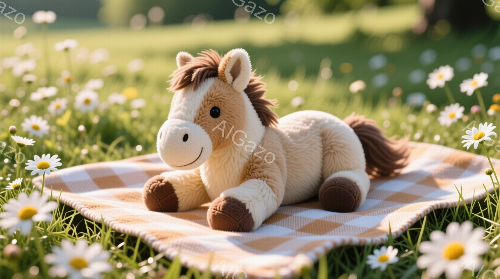 明るい草原に、クリーム色の毛並みの可愛いぬいぐるみ馬が横たわっています。茶色い格子柄の敷物の上に、リラックスした様子で横たわり、穏やかな表情をしています。周りには白い小さな花が咲き乱れ、暖かく優しい雰 - AI生成フリー素材