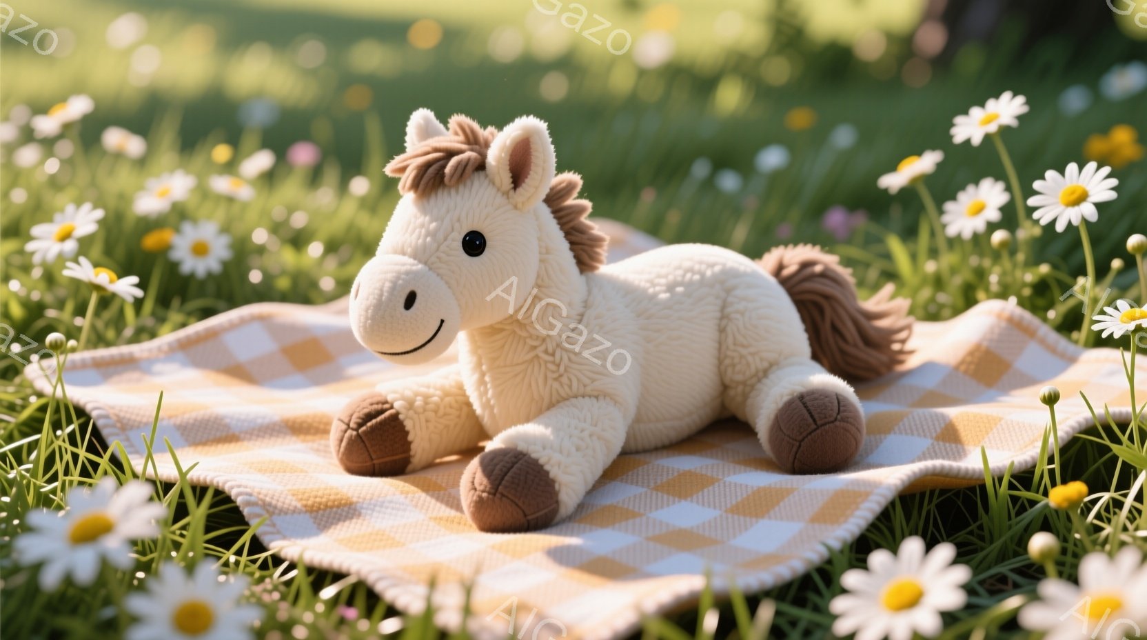 クリーム色のふわふわとしたテディベアの馬が、チェック柄の敷物の上に横たわっています。背景には白いデイジーが咲き乱れる緑の草原が広がり、穏やかで牧歌的な雰囲気を醸し出しています。柔らかな光が全体を包み込 - AI生成フリー素材