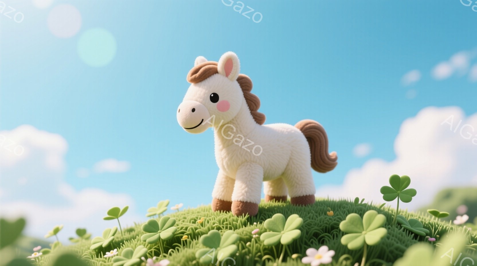 ふわふわの白い馬が、緑の丘の上に立っている。馬は茶色のたてがみと足を持ち、穏やかな笑顔を浮かべている。背景には青い空と白い雲、そしてクローバーや花が咲き乱れる、穏やかで平和な雰囲気の風景が広がっている - AI生成フリー素材