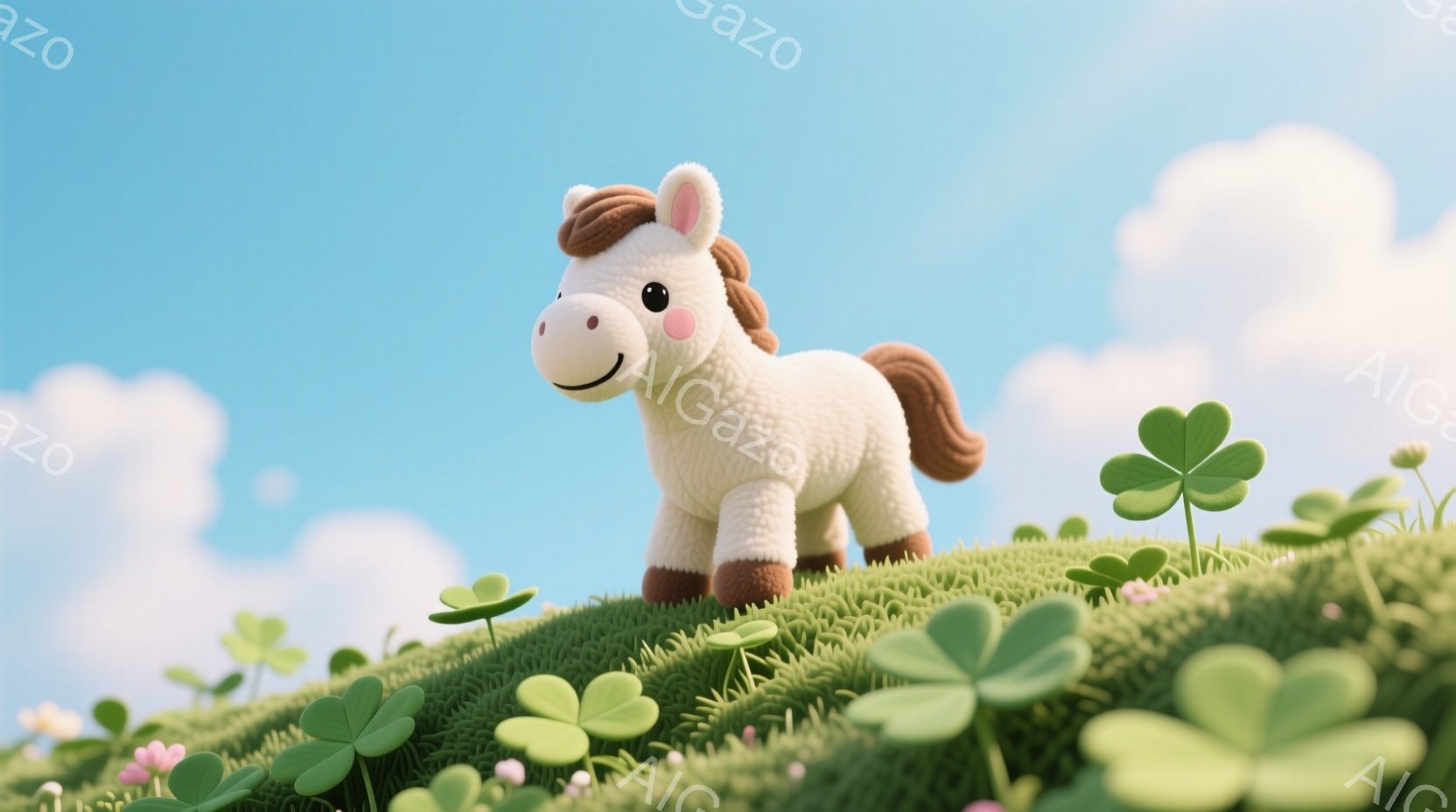 ふわふわの白い馬が、緑の丘の上に立っています。馬は茶色のたてがみと、穏やかな笑顔を見せており、背景にはクローバーや小さな花が咲き乱れ、晴れた空が広がっています。全体的に、暖かく、のどかで、幸せな雰囲気が漂っています。