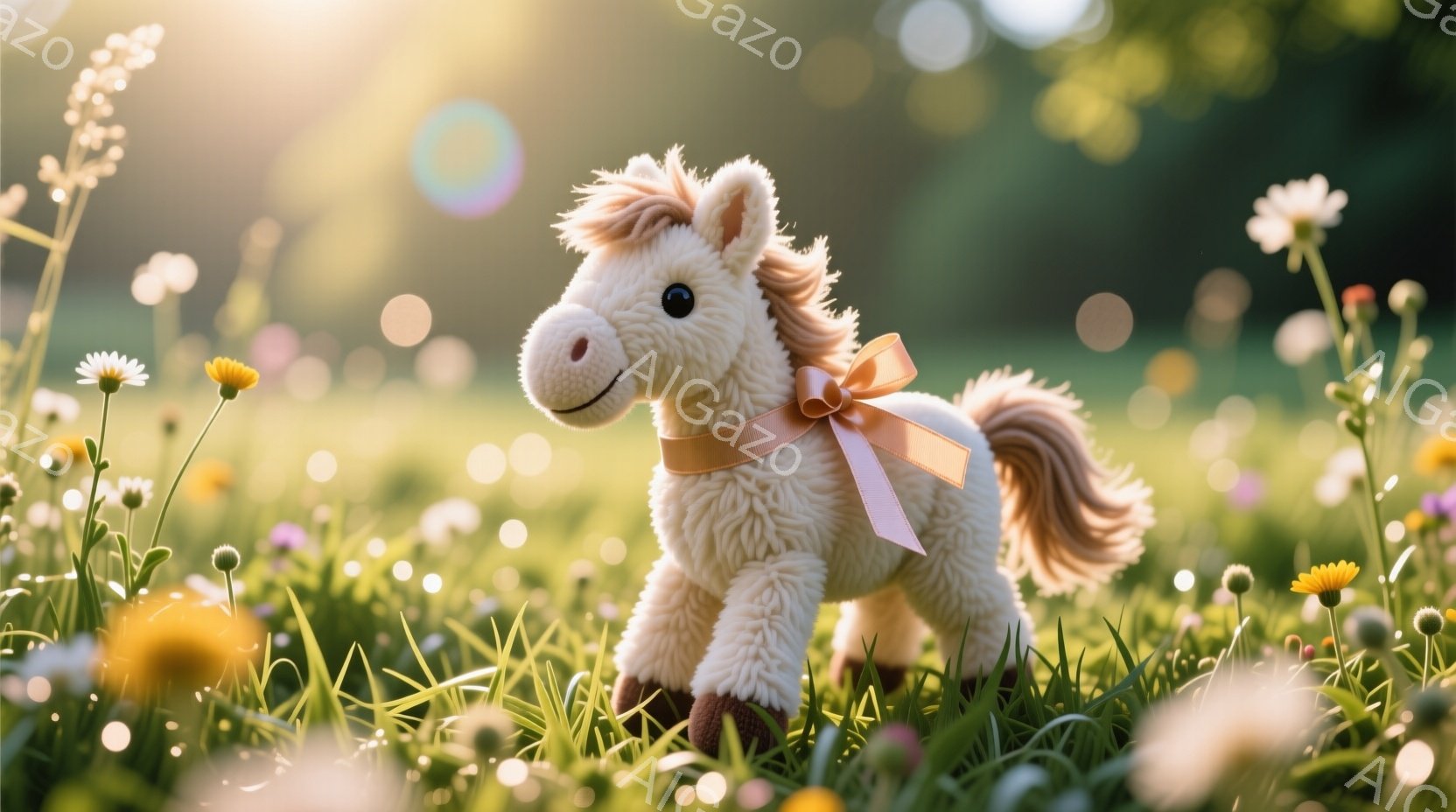 柔らかいクリーム色の毛並みを持つ子馬のぬいぐるみは、緑豊かな草むらの中に立っている。首にはピンクのリボンが結ばれており、優しい表情で正面を見ている。背景には、ぼやけた花々と日差しが差し込み、暖かく穏や - AI生成フリー素材