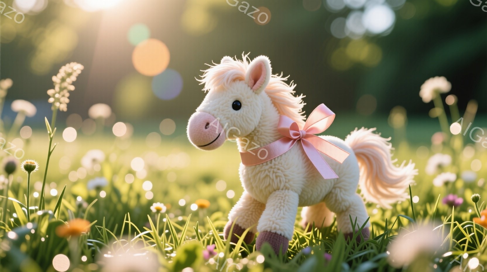 白い毛並みのぬいぐるみ馬が、緑豊かな草花の中に立っている。ピンクのリボンが首に結ばれており、可愛らしい印象を与える。背景は柔らかい光に包まれた自然で、暖かく穏やかな雰囲気が漂っている。 - AI生成フリー素材