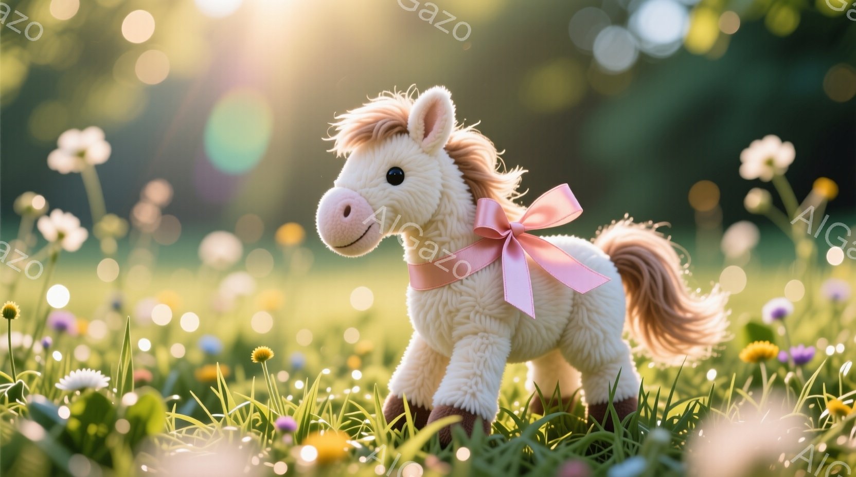 白くてふわふわした子馬が、緑豊かな草花が生い茂る草原の中にいます。子馬はピンクのリボンを首に巻き、穏やかな表情でまっすぐ前を見つめており、まるで遊んでいるかのようです。背景は柔らかい光に包まれ、暖かい - AI生成フリー素材