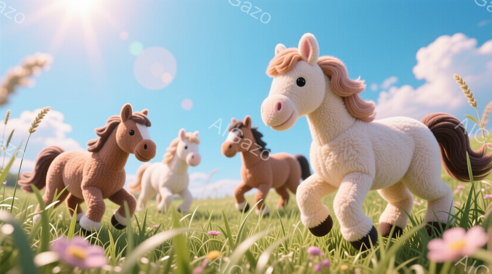 緑豊かな草原を、毛並みの優しい茶色や白の馬が数頭駆け抜けている。馬たちは皆、陽気な表情で、リラックスした雰囲気の中で疾走しているように見える。背景には、明るい青空と白い雲が広がり、まばらに咲くピンク色 - AI生成フリー素材