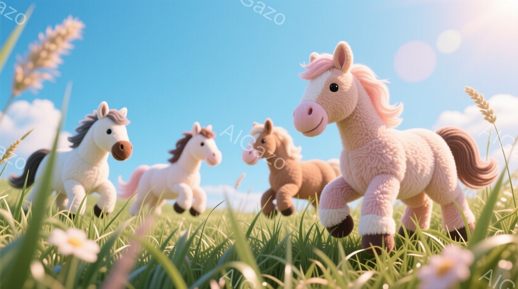 広大な緑の草原を、毛並みのふわふわとした四頭の馬が駆けている様子が描かれている。馬たちはそれぞれ白、薄いピンク、茶色の毛並みをしており、楽しげな表情で、まるで遊びに出かけるかのようだ。背景には青空と白 - AI生成フリー素材