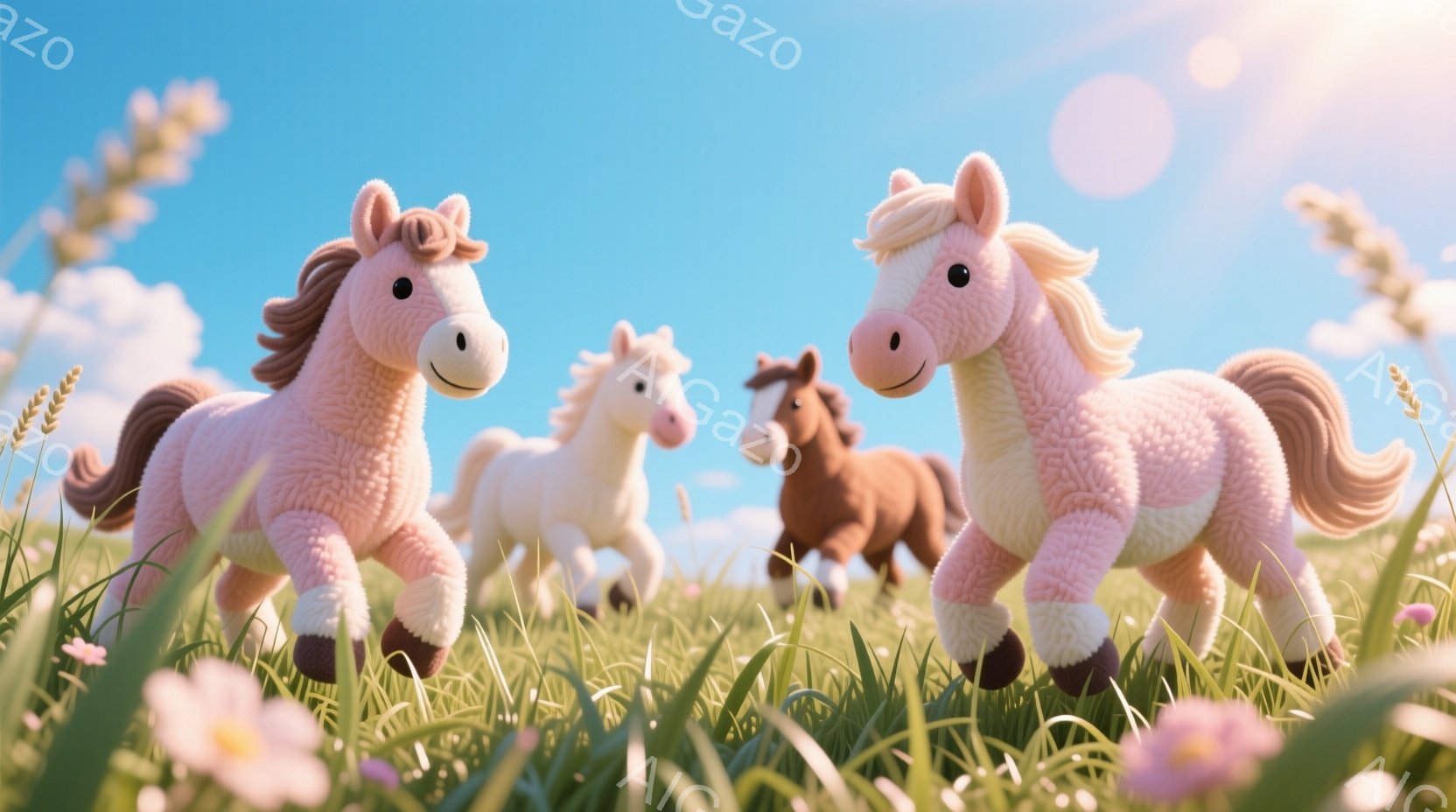 ふわふわとした毛並みのピンクと白と茶色の馬が、緑豊かな草原の中を駆けている様子が描かれています。馬たちは皆、笑顔で前方を向いており、活気に満ちた雰囲気です。背景には青空と白い雲が広がり、草地にはピンク色の花が点在し、穏やかで暖かい日差しを感じさせます。