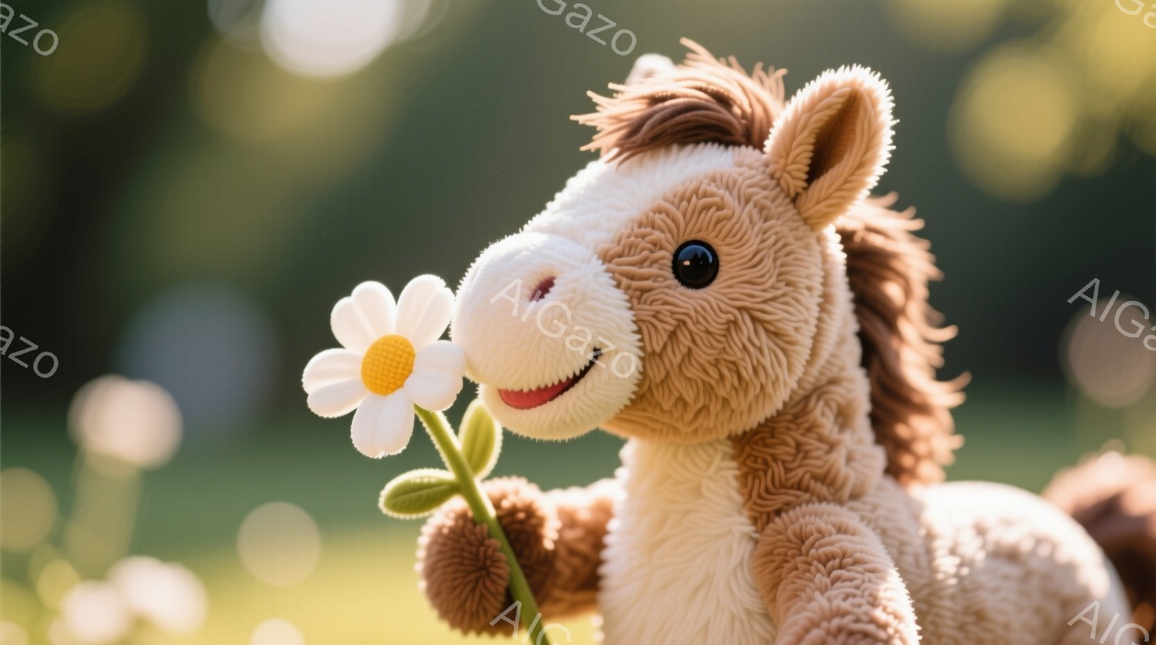 柔らかい茶色の毛並みを持つぬいぐるみのおもちゃが、白いデイジーの花をそっと抱えています。おもちゃは穏やかな微笑みを浮かべ、優しく花を見つめています。背景は緑豊かな草地で、光が差し込み、暖かく平和な雰囲 - AI生成フリー素材