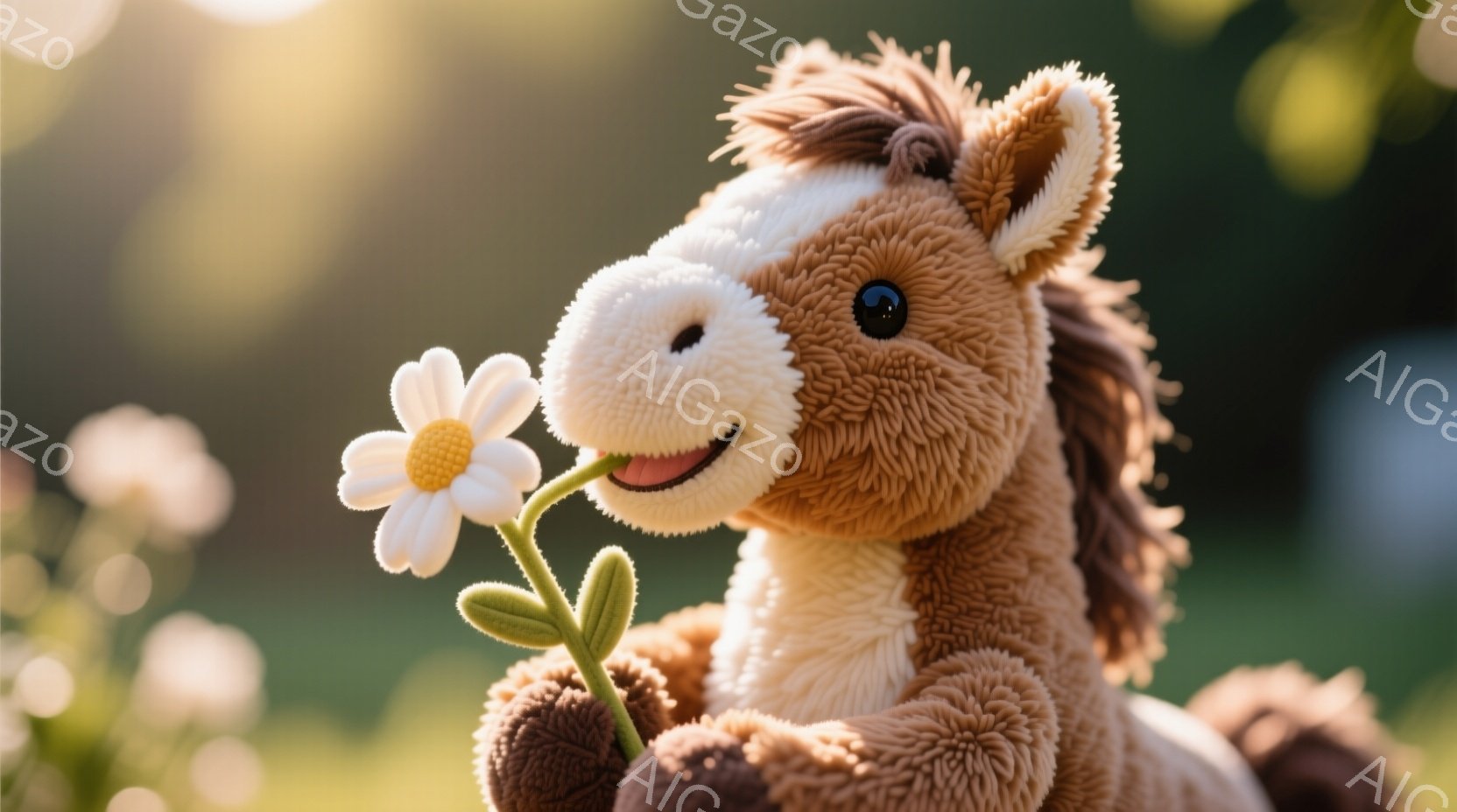 ふわふわの茶色の馬のぬいぐるみは、口に白いデイジーの花をくわえています。背景は緑の草地で、ぼやけた白い花々が点在し、日差しが暖かく穏やかな雰囲気を醸し出しています。ぬいぐるみは正面を向き、優しい笑顔で - AI生成フリー素材