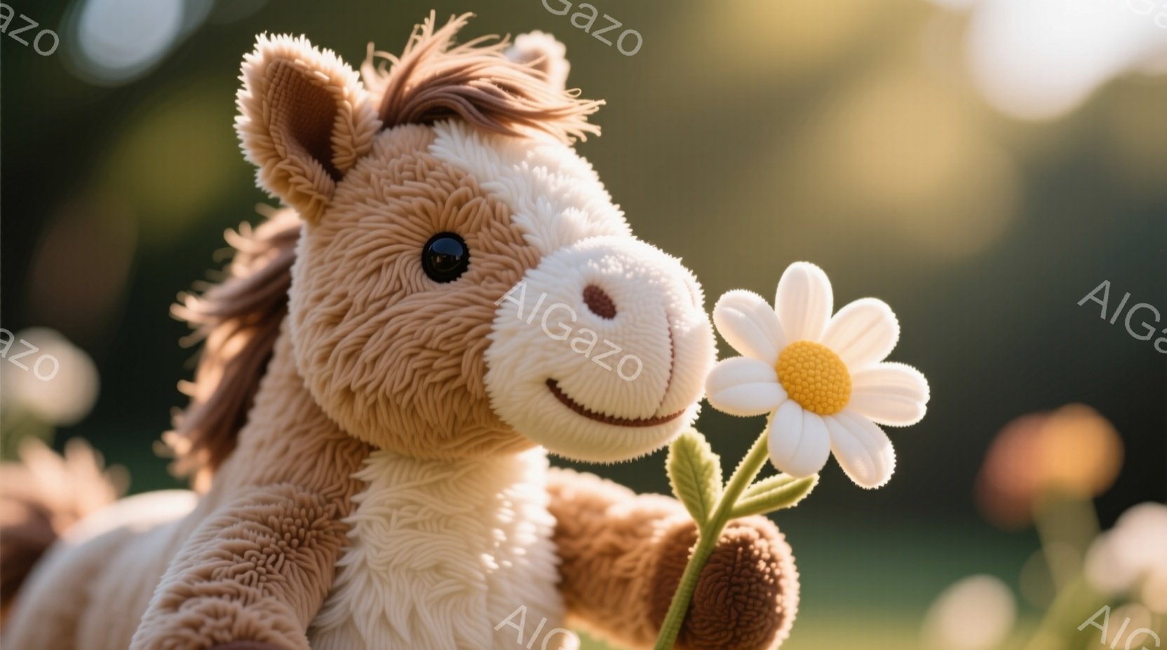 柔らかい茶色の毛並みを持つぬいぐるみのおもちゃが、白くて黄色い中心の花を抱えています。おもちゃは微笑んでおり、穏やかで幸せな表情をしています。背景はぼやけた緑色の草地で、太陽の光が差し込み、暖かく優し - AI生成フリー素材