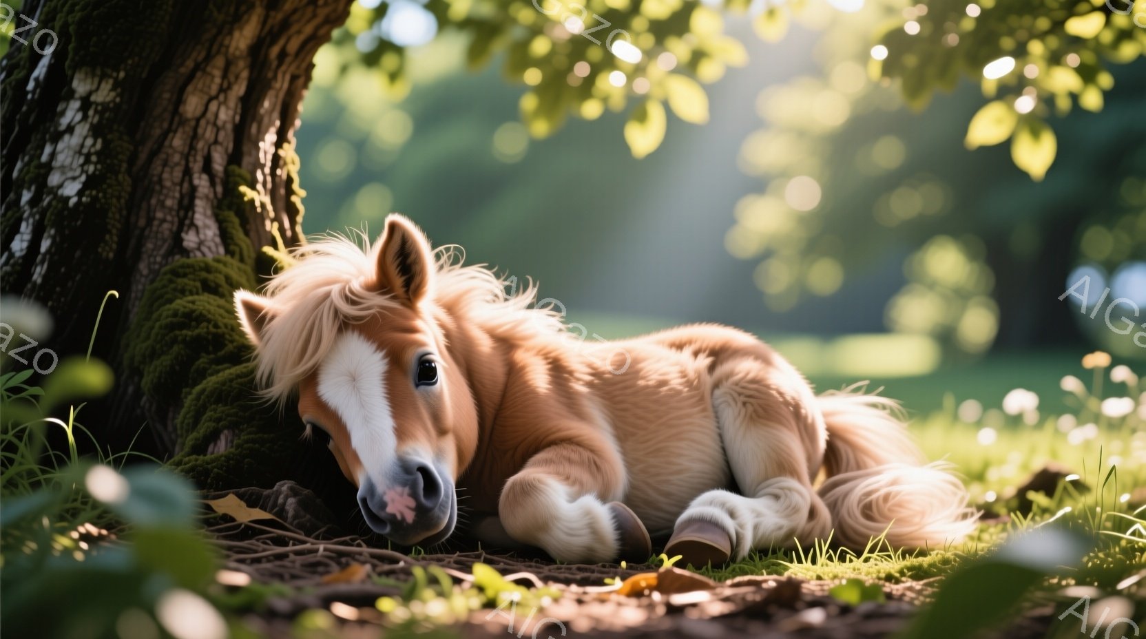 黄金色の毛並みのひな馬が、苔むした木の根元で横たわっています。穏やかな表情で目を閉じ、リラックスした様子が伝わってきます。背景は緑豊かな草地で、日差しが差し込み、静かで牧歌的な雰囲気を醸し出しています。