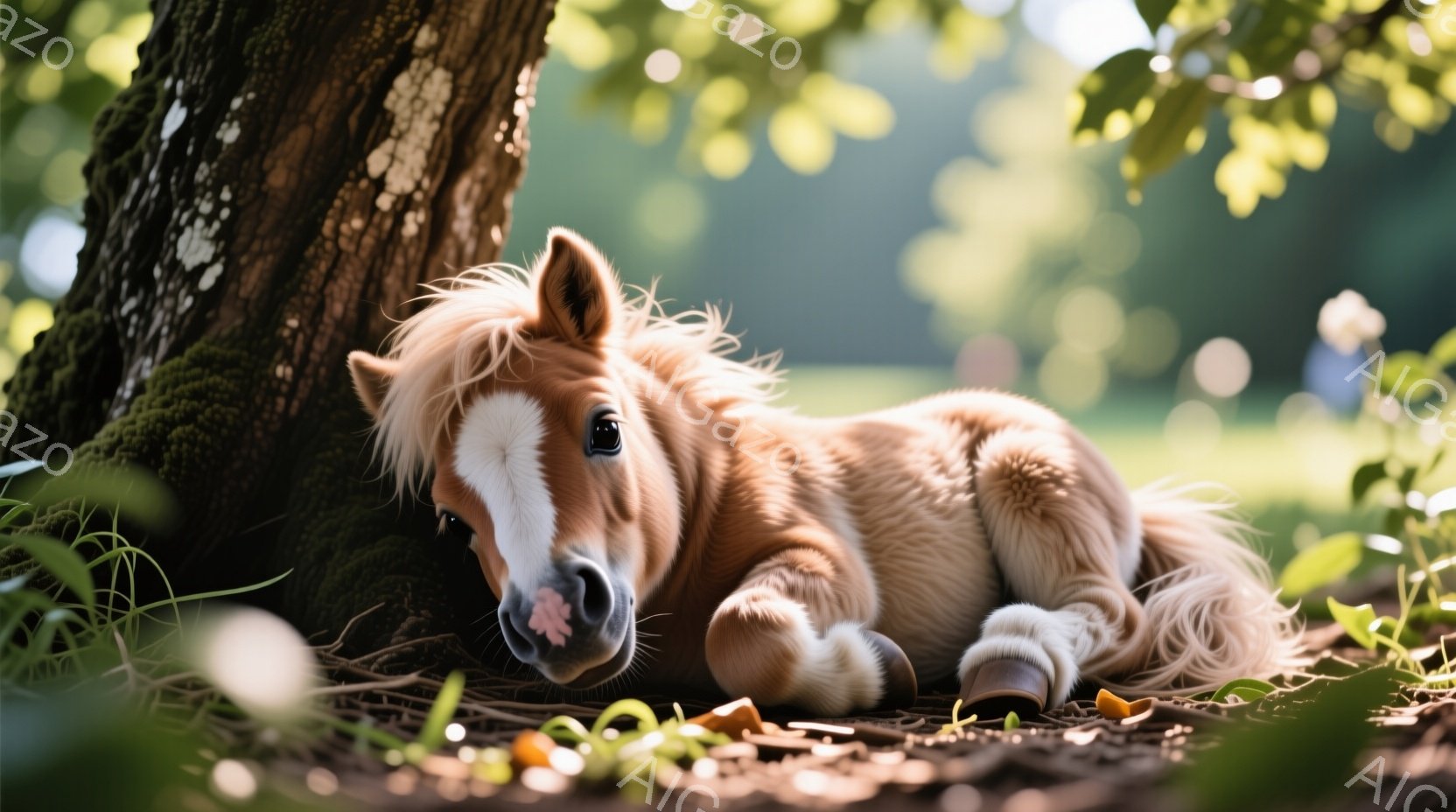 黄金色の毛並みを持つ子馬が、苔むした木の根元に横たわっています。その表情は穏やかで、まるで眠りこけているかのようです。背景には緑豊かな自然が広がり、柔らかい光が差し込み、暖かく平和な雰囲気を醸し出して - AI生成フリー素材