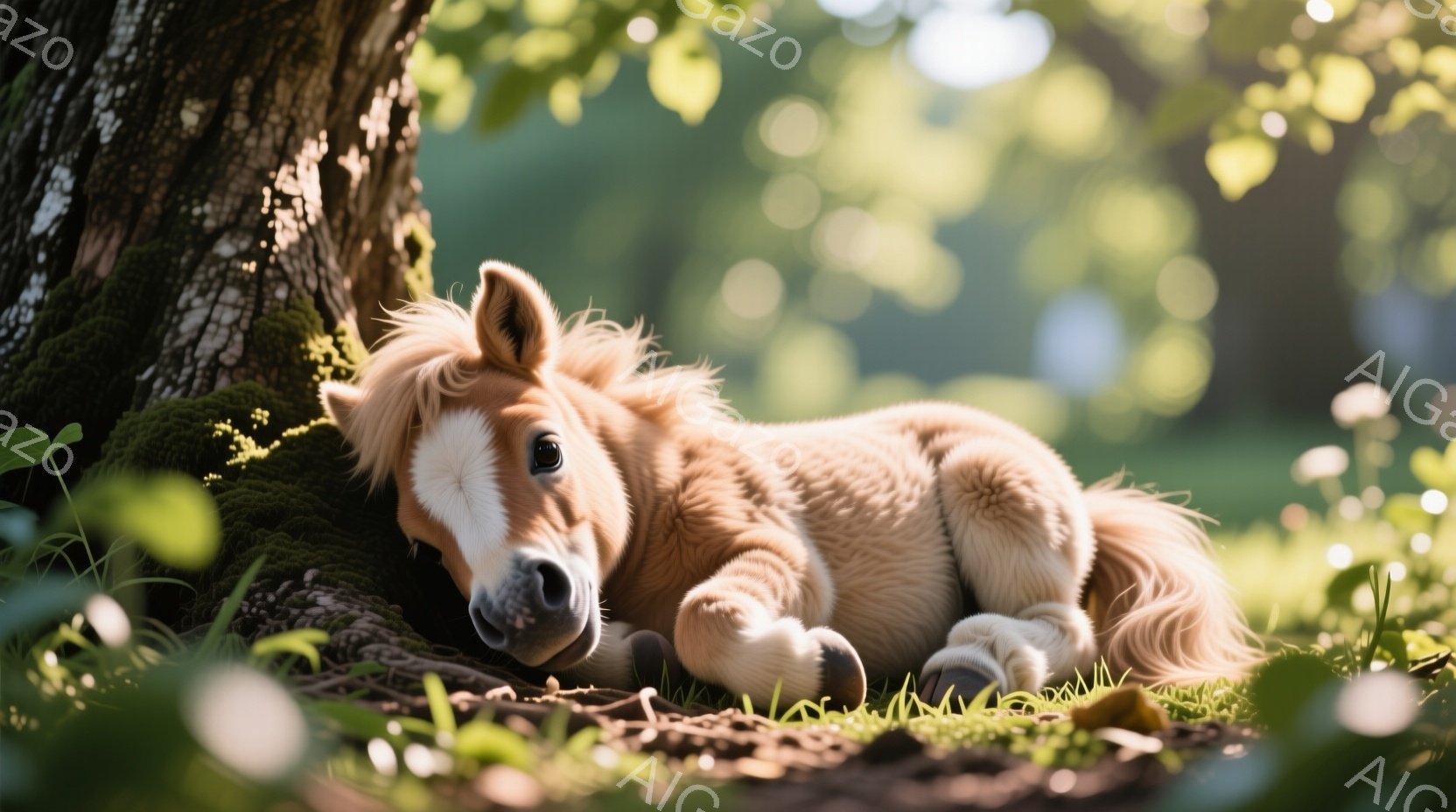 黄金色の毛並みを持つ子馬が、苔むした木の根元で横たわっています。穏やかな表情で目を閉じ、リラックスした様子が伝わってきます。背景には緑豊かな草が生い茂り、柔らかい光が差し込み、穏やかで牧歌的な雰囲気を - AI生成フリー素材