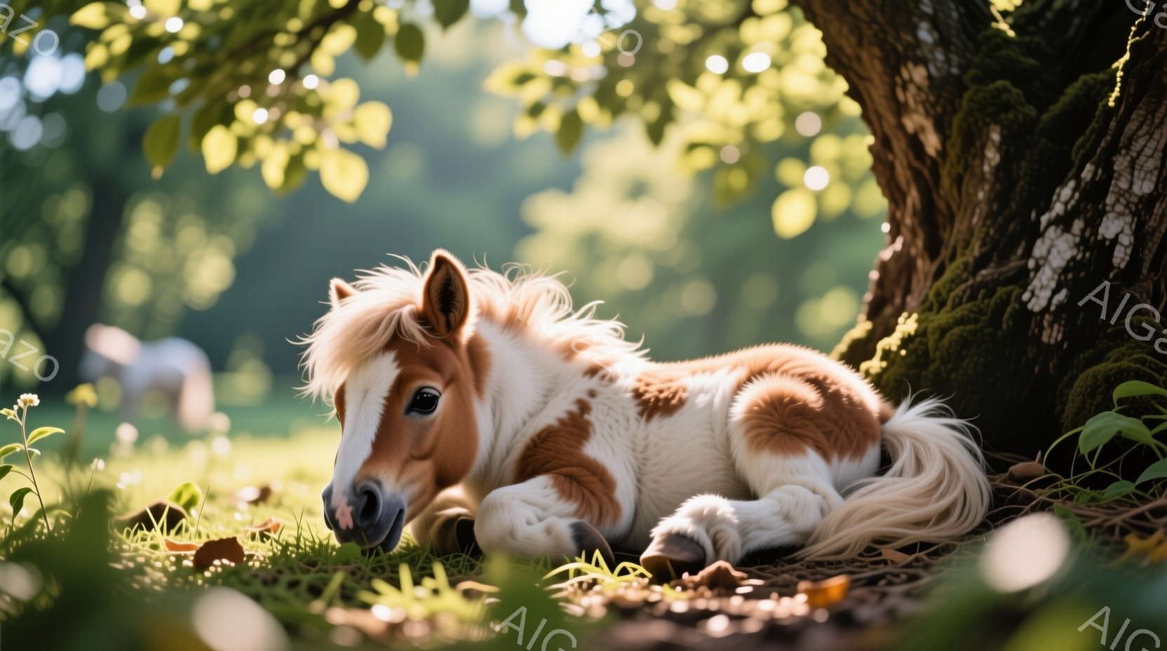 黄金色と白の毛並みを持つ子馬が、緑豊かな草の上に横たわっています。木の下でリラックスした様子で、穏やかな表情を浮かべています。背景には、木々の葉が光に照らされ、柔らかい日差しが降り注ぎ、平和で穏やかな - AI生成フリー素材