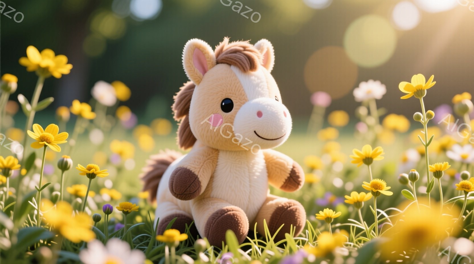 柔らかいクリーム色のぬいぐるみ馬が、黄色と紫の花々が咲き乱れる草原に座っています。馬は茶色のたてがみと尻尾を持ち、頬には薄いピンク色が見て取れます。背景は緑豊かな草地とぼやけた木々で、全体的に温かく穏やかな雰囲気を醸し出しています。