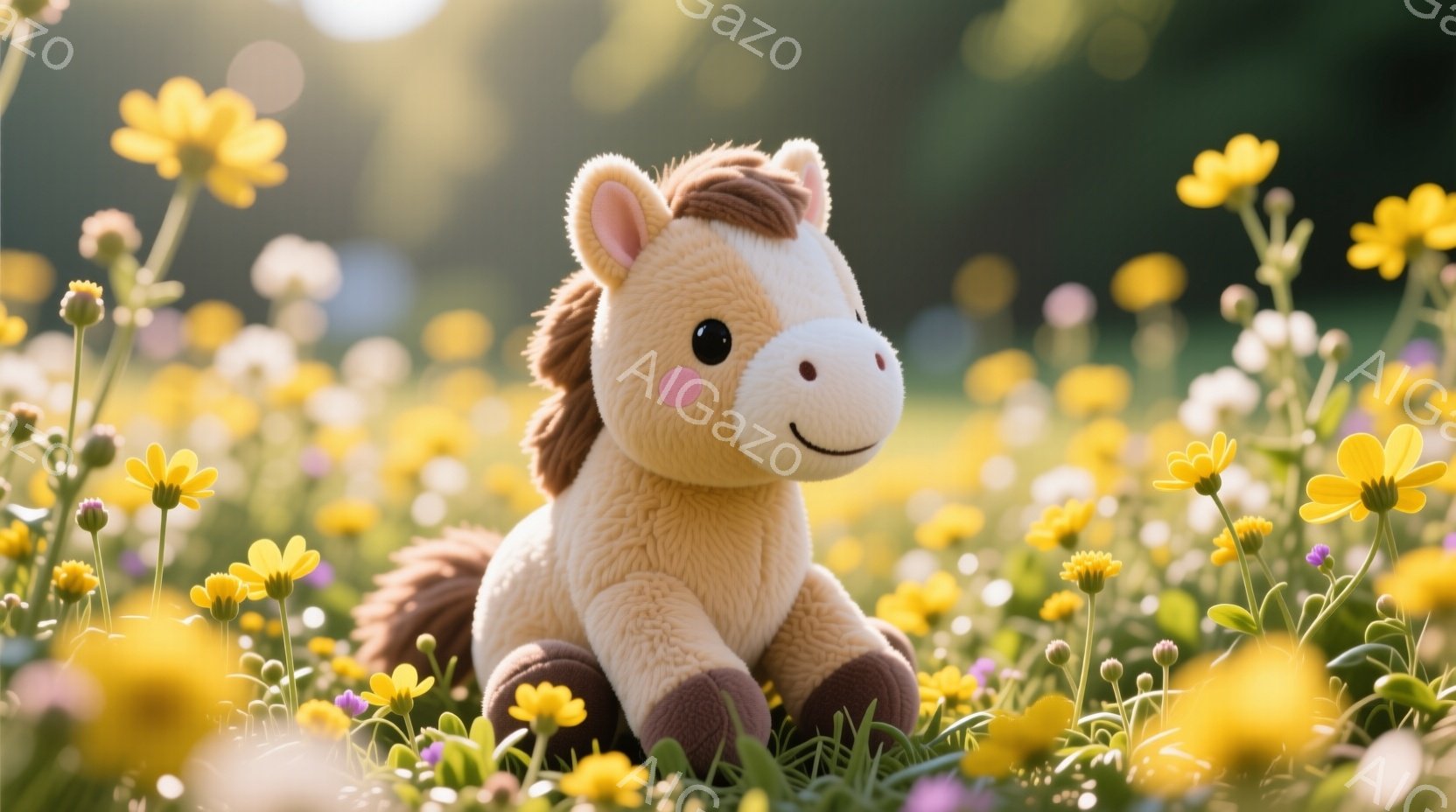 淡いベージュ色のぬいぐるみ馬が、黄色い花畑の中に座っています。馬は茶色い鬣とたてがみを持っており、愛らしい表情をしています。背景は緑豊かな草地とぼやけた木々で、暖かく穏やかな雰囲気が漂っています。
