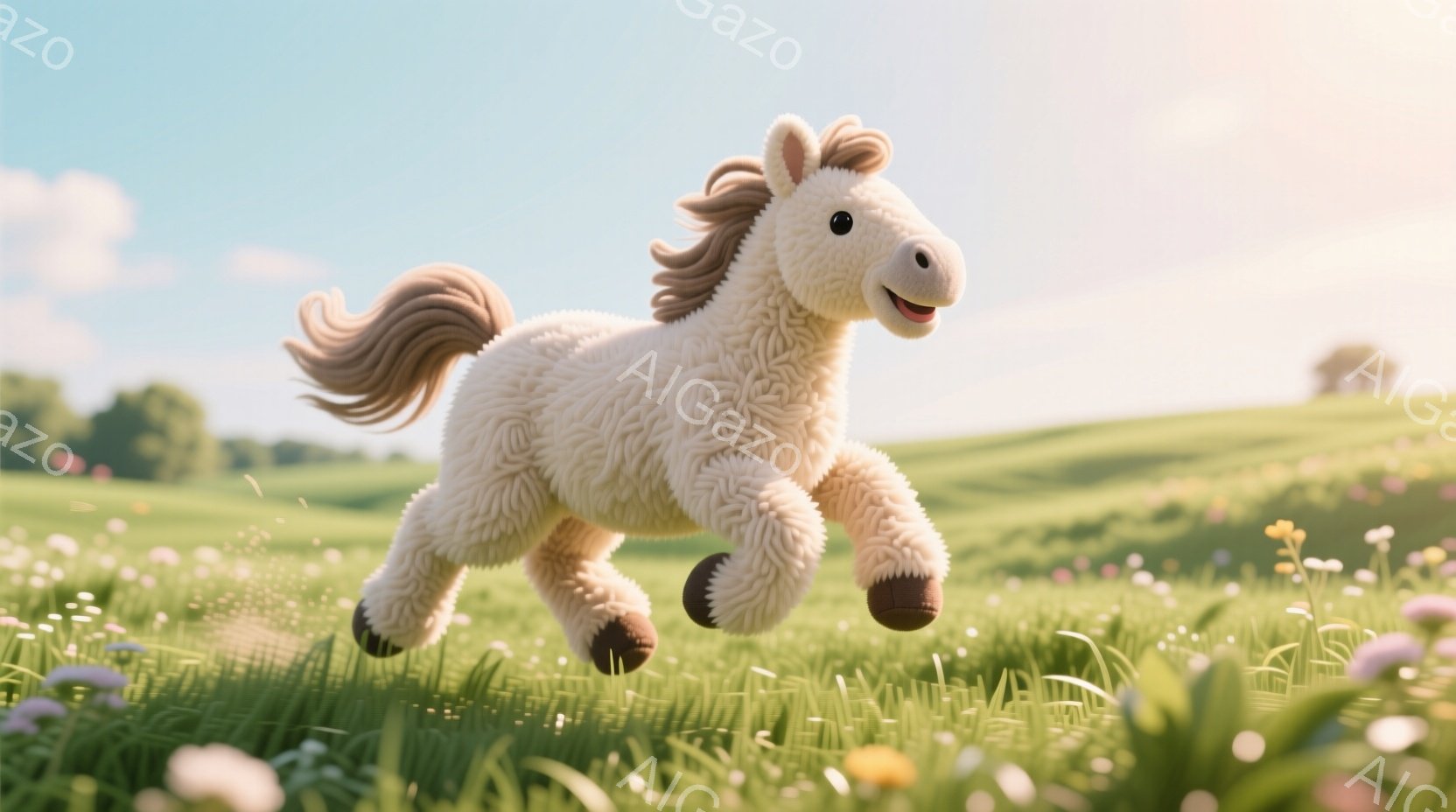 ふわふわとした白い馬が、緑豊かな草原の中を駆けている。馬は口を開けて笑顔を見せ、たてがみが風になびいている。背景には、穏やかな丘と木々、そして青空が広がり、明るく平和な雰囲気が漂っている。