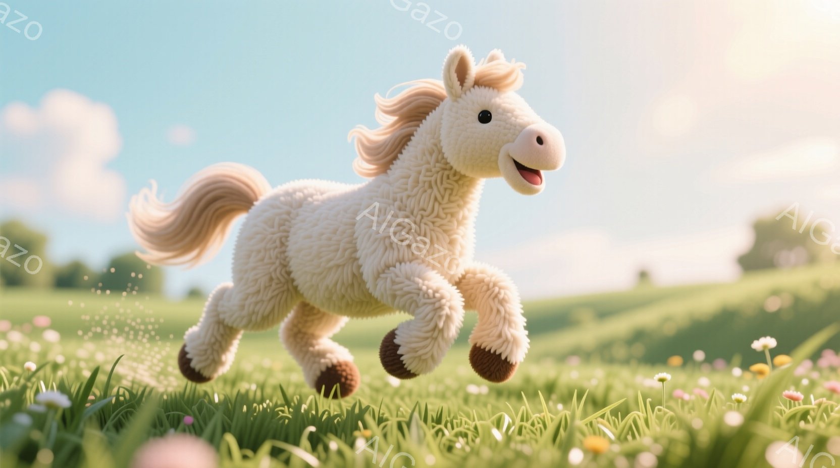 ふわふわとした白い毛並みのポニーが、緑豊かな草原を駆け抜けている。ポニーは茶色の蹄を持ち、たてがみと尾は風になびき、表情は明るく楽しげだ。背景には穏やかな丘と、ところどころに咲く花々が見え、晴天の下、暖かい雰囲気が漂っている。